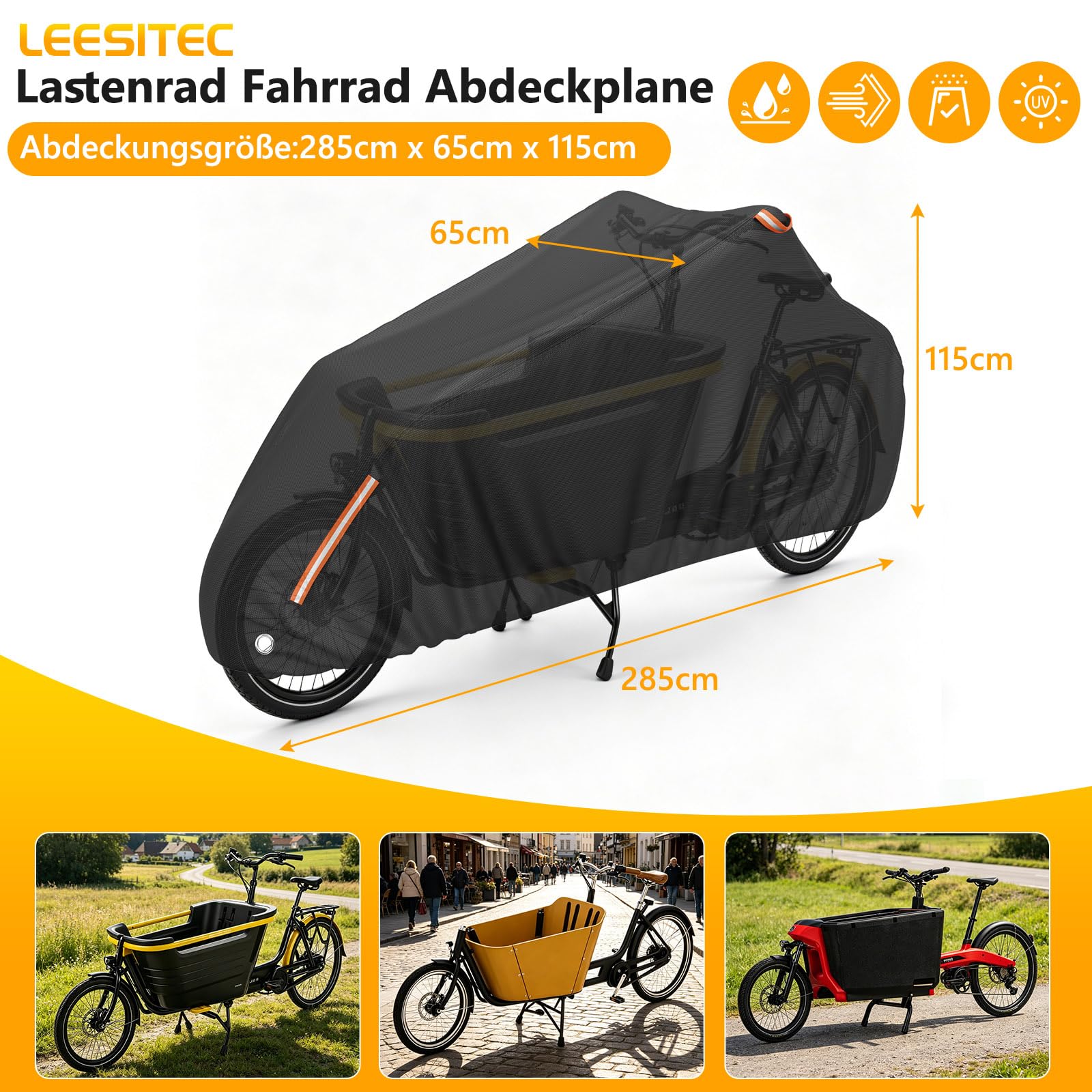 Lastenrad Abdeckung Fahrradabdeckung Wasserdicht, Lastenrad Fahrrad Abdeckplane mit Reflektorstreifen & Schlosslöcher UV-Schutz Reißfest Regenschutz für Lastenfahrräder-285x65x115cm