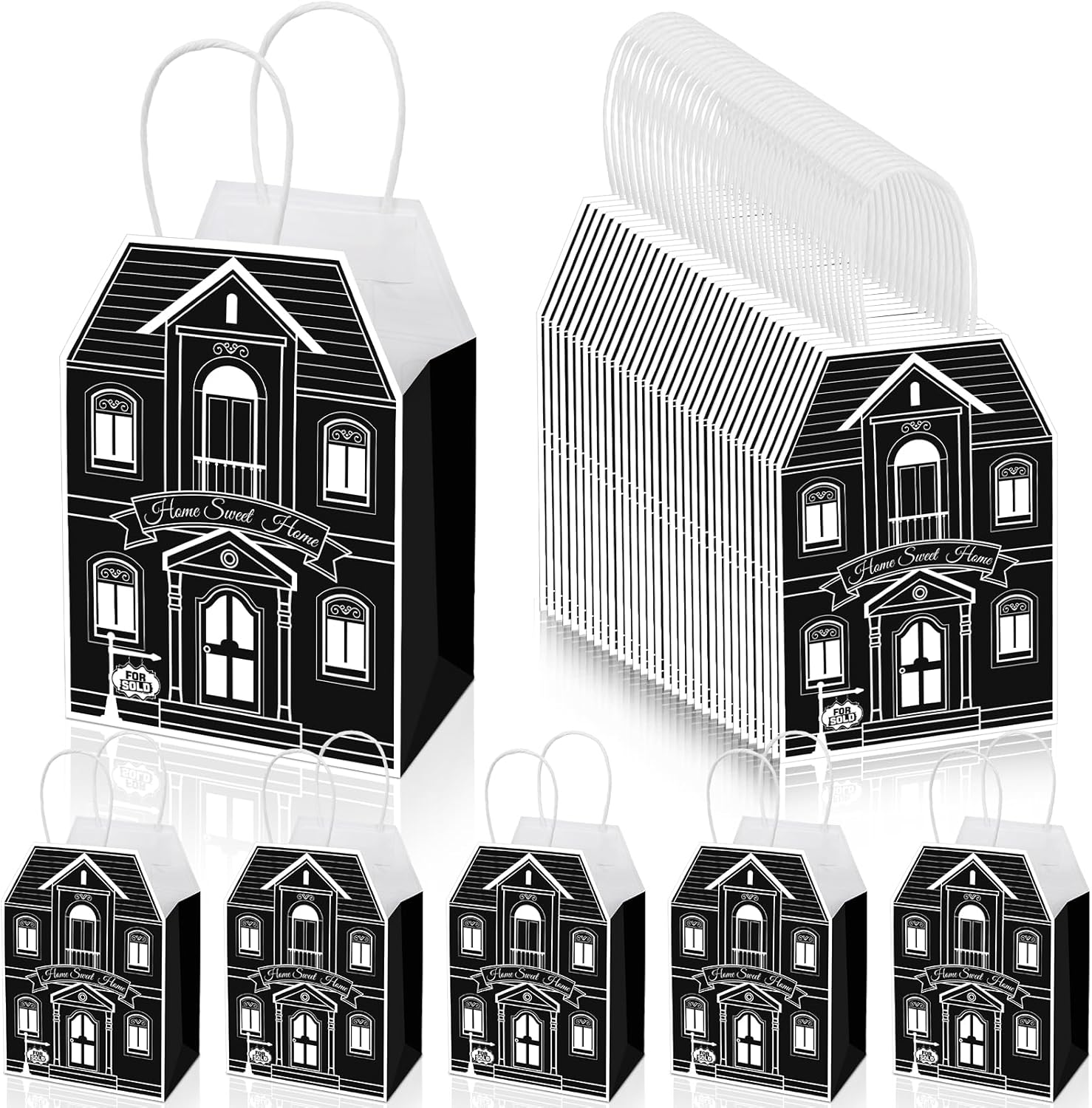 Colarr 50 Pcs House Shaped Gift Bag Real Estate Agent Supplies Real Estate Gift Treat Bag with Handles Kraft for Shopping Business Wedding Baby Shower Birthday Housewarming Home Party Favor(Black)