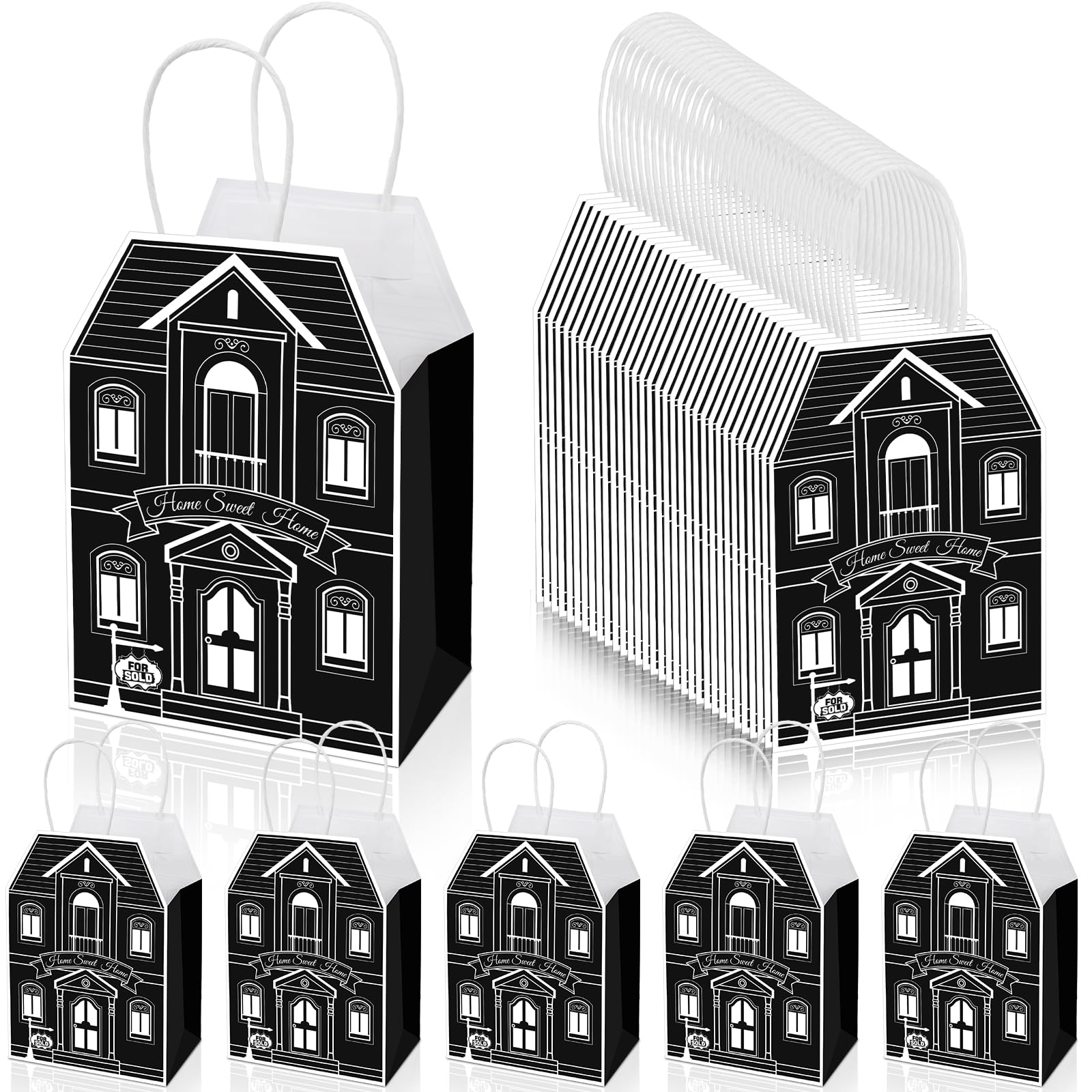 Colarr 50 Pcs House Shaped Gift Bag Real Estate Agent Supplies Real Estate Gift Treat Bag with Handles Kraft for Shopping Business Wedding Baby Shower Birthday Housewarming Home Party Favor(Black)