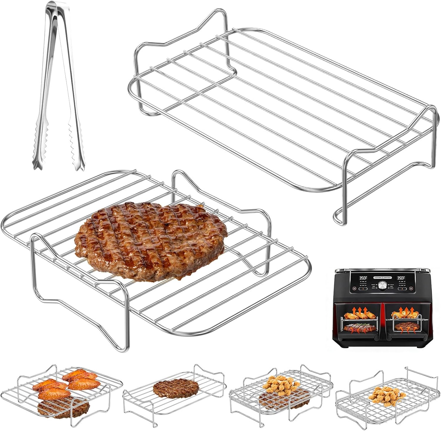Air Fryer Rack for Double Basket Air Fryer 2pcs DZ201 DZ401 DZ550 Accessories Rectangle Stackable Stainless Steel Grill Rack with Tong