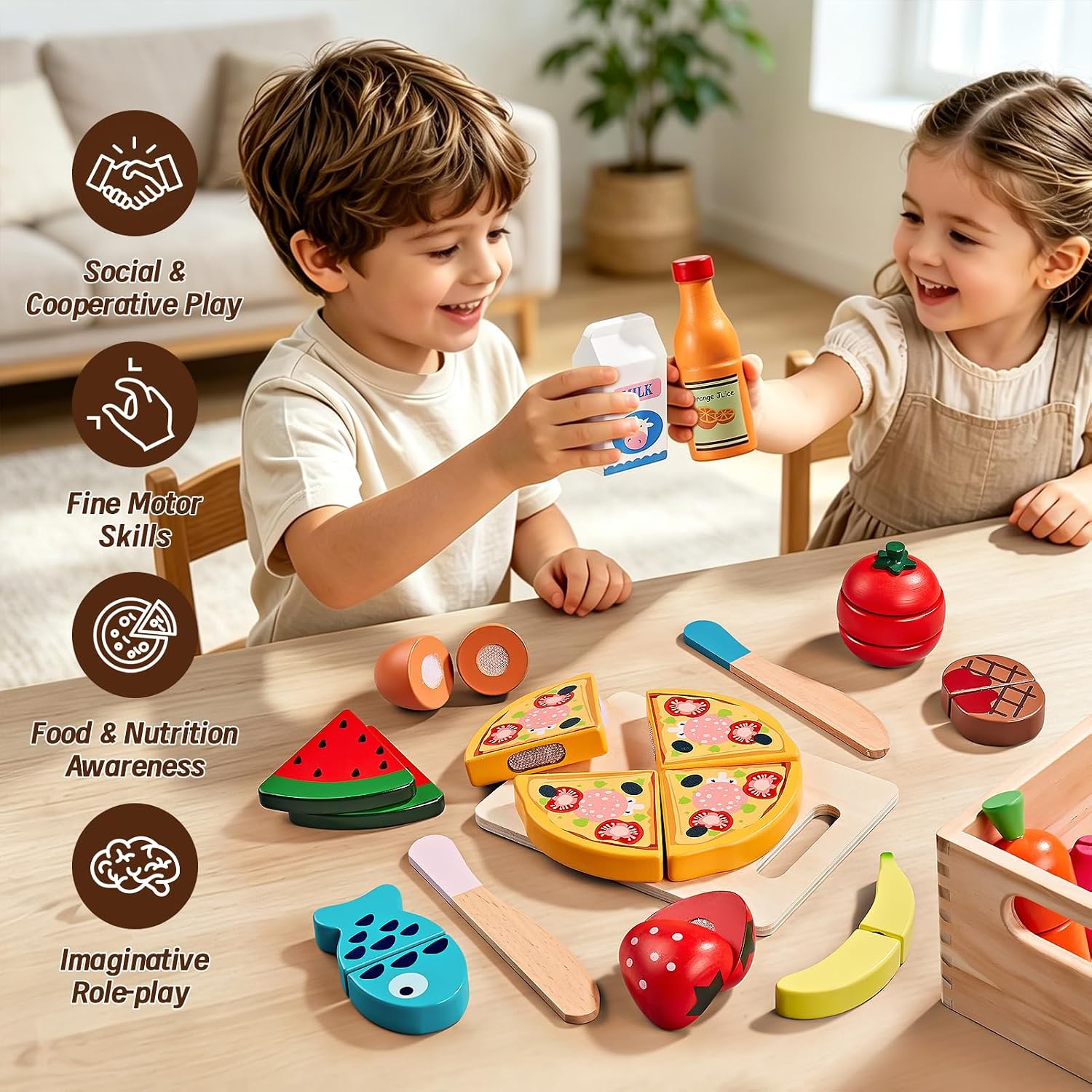 Shimirth Wooden Play Food Set - Montessori Cutting Pizza Toys for Toddler | Play Kitchen Accessories, Includes Drinks & Crate, Educational Learning Toddler Toys, Durable Pretend Play Gifts Age 2+