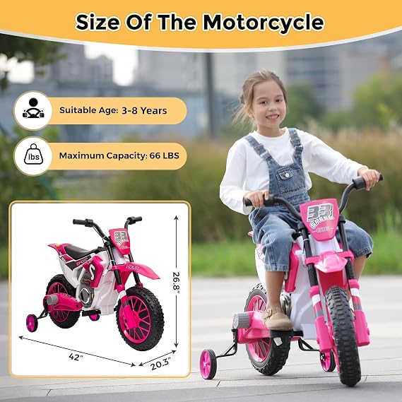 TOBBI Toddler Motorcycle Kids Dirt Bike 12V Ride On Toys | Battery Powered Electric Motorbike with Training Wheels, Gift for Boys Girls Ages 3-8 Years, Rose Pink