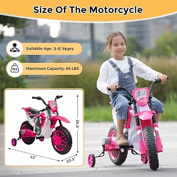 TOBBI Toddler Motorcycle Kids Dirt Bike 12V Ride On Toys | Battery Powered Electric Motorbike with Training Wheels, Gift for Boys Girls Ages 3-8 Years, Rose Pink