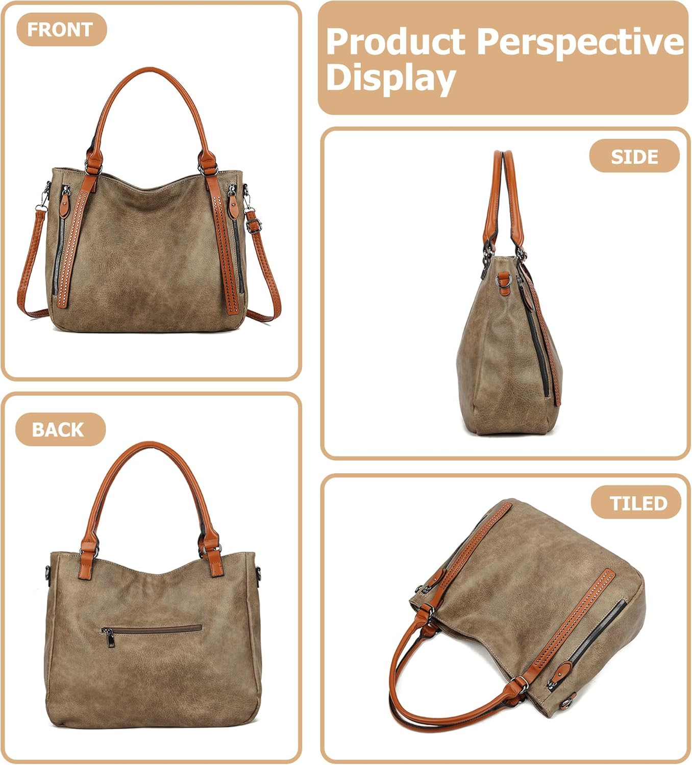 myfriday Vintage Slouchy Tote Bag for Women, Large Vegan Leather Hobo Shoulder Bag Satchel Purse with Adjustable Strap - Image 5