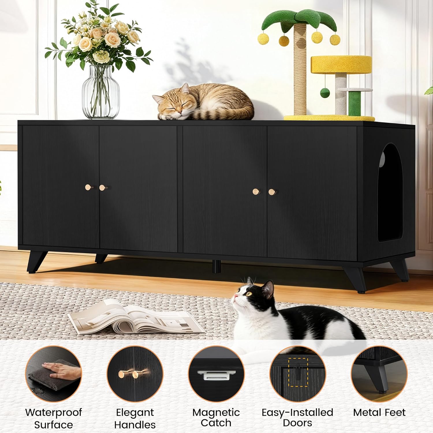 Double Cat Litter Box Enclosure for 2 Cats, Hidden Litter Box Furniture with Double Room Side Entrance, Modern Indoor Cat House Wooden Washroom Furniture (Black)