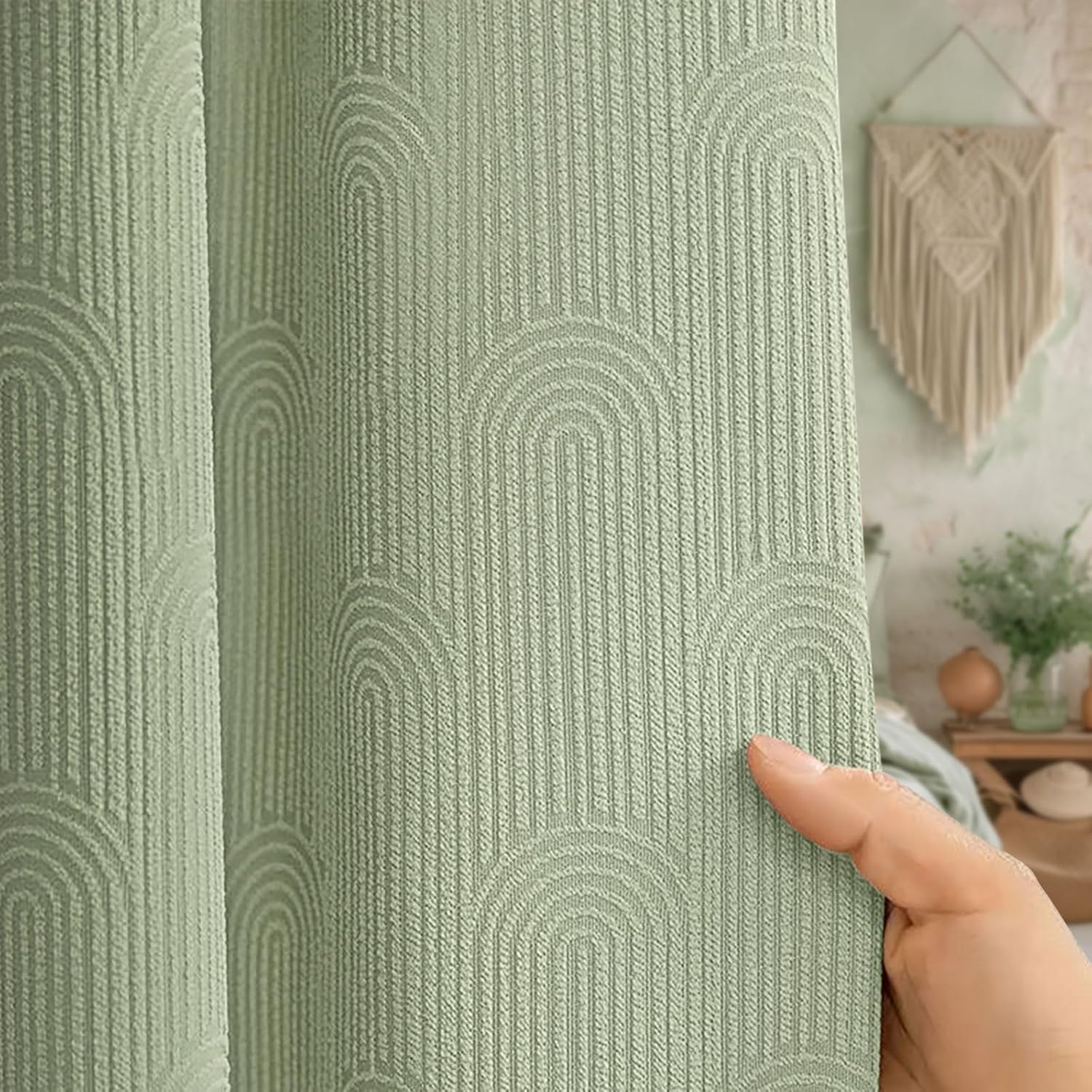 Sage Green Shower Curtain Boho Cotton Texture Mid Century Minimalist Arch Shower Curtain for Bathroom,72" W X 78" L