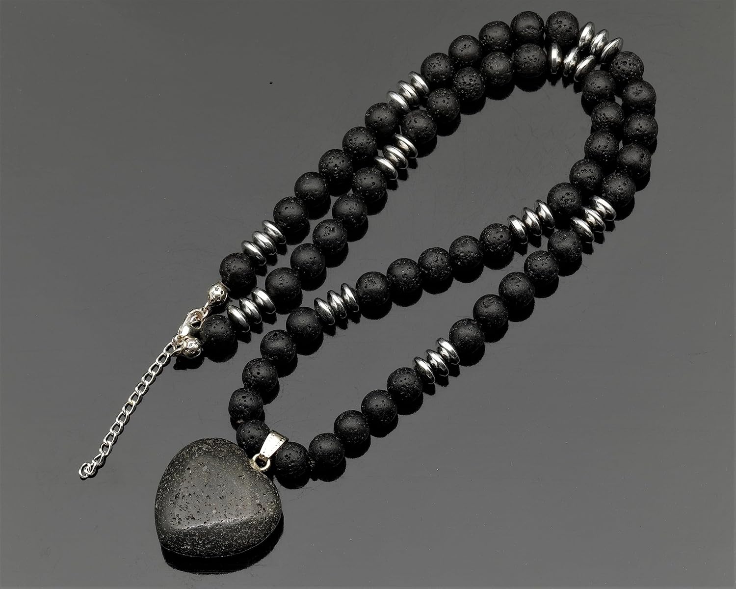 ElisaJewelryArt - Natural Amethyst Heart Pendant Black Lava Stone Beaded Necklace Genuine Gemstone Feng Shui Stone Clasp Closure Necklace Unisex Necklace - Image 4