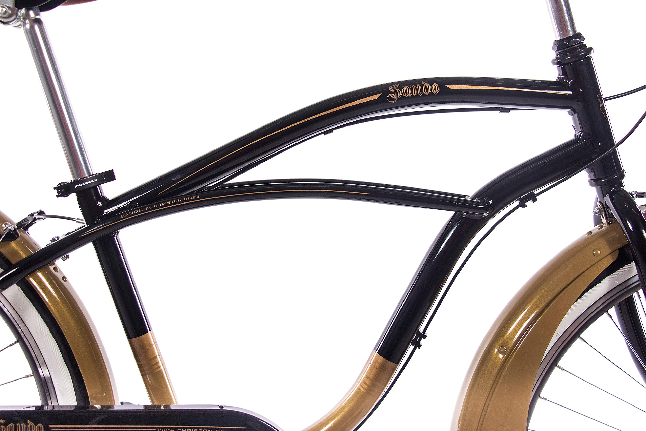 CHRISSON 26 Zoll Beachcruiser Sando schwarz Gold mit 6 Gang Shimano Tourney Kettenschaltung, Damenfahrrad, Herrenfahrrad im Retro Look, Vintage Cruiser Bike