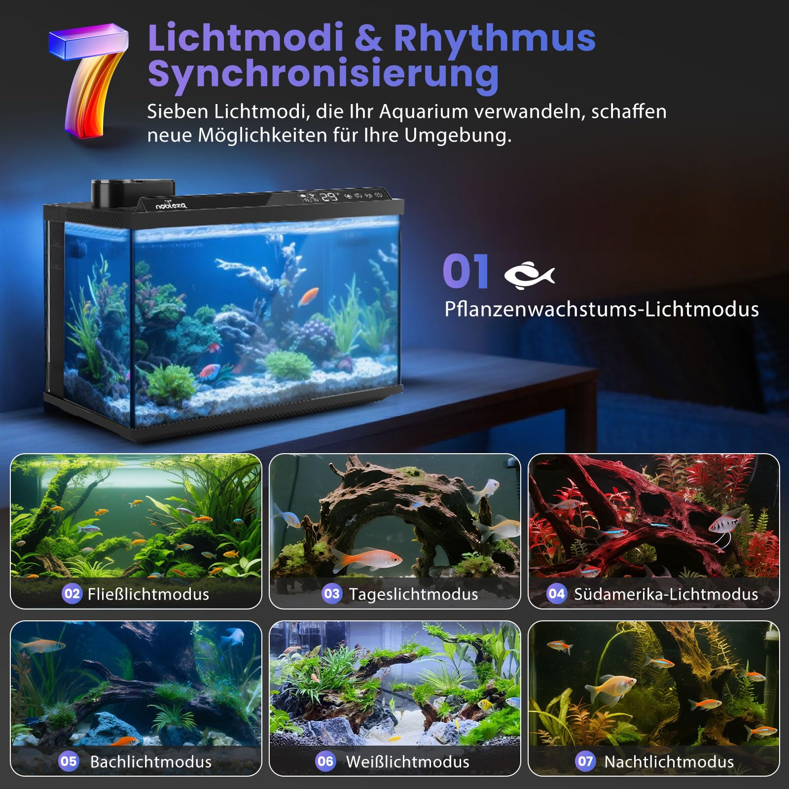 Nobleza Smart Aquarium 30L, WiFi Aquarium Set Komplett mit App-Steuerung, EIN-klick-Wasserwechsel, Automatischer Fütterer, Ultra-Weiß-Glas Nano Aquarium für Anfänger & Büro, 44x24x28.5cm |