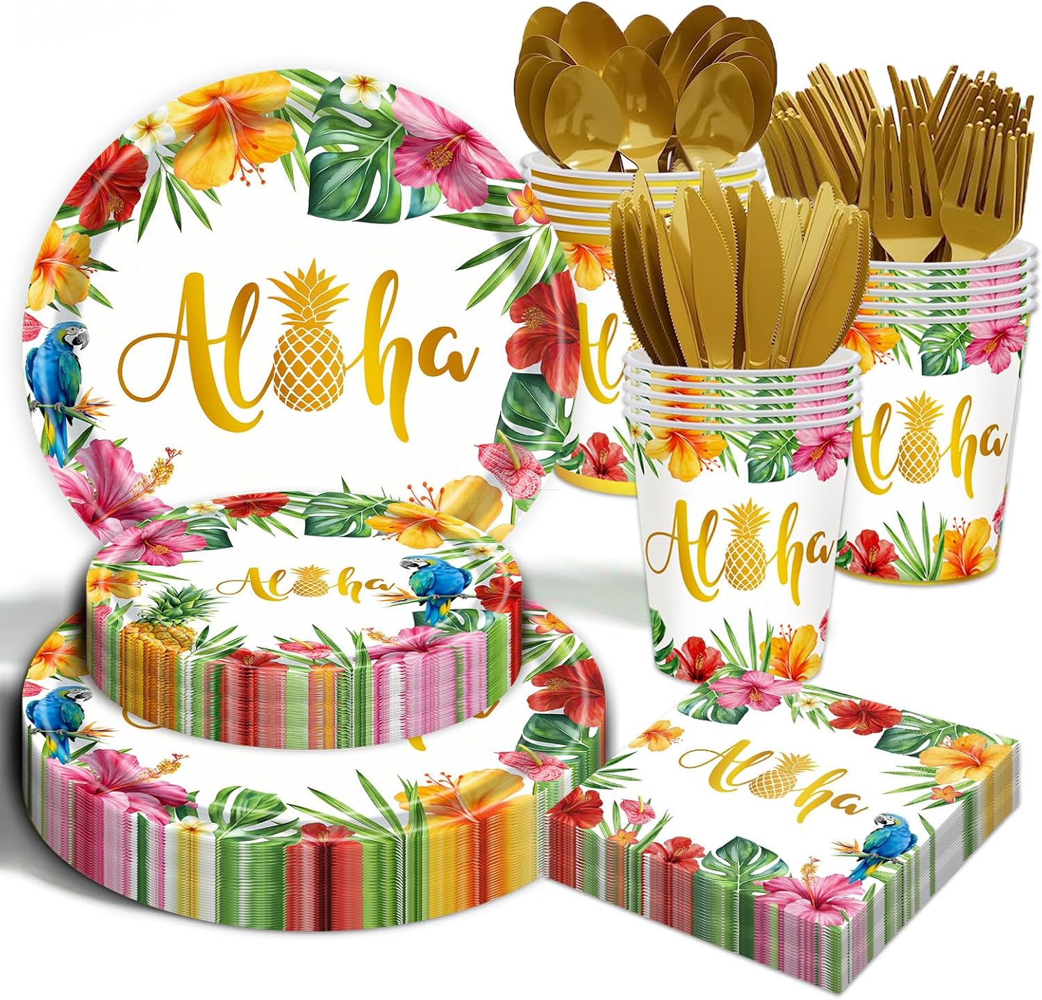 175Pcs Hawaiian Luau Party Decorations Aloha Tropical Tropical Hibiscus Floral Tableware Supplies Hawaii Palm Leaves Plates for Summer Hawaiian Birthday BBQ Pool Beach Party Supplies Serves 25 Guests