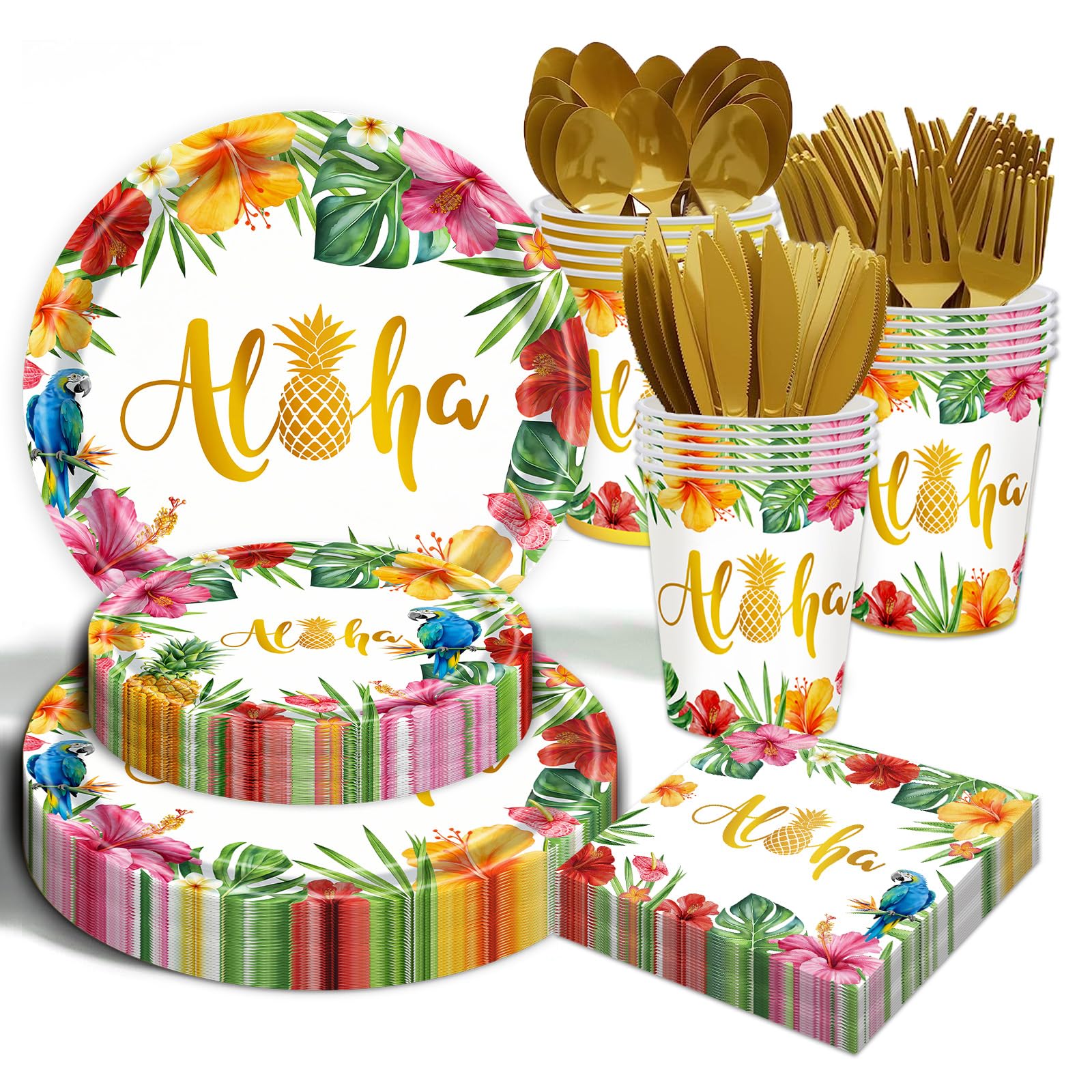 Photo 1 of 175Pcs Hawaiian Luau Party Decorations Aloha Tropical Tropical Hibiscus Floral Tableware Supplies Hawaii Palm Leaves Plates for Summer Hawaiian Birthday BBQ Pool Beach Party Supplies Serves 25 Guests