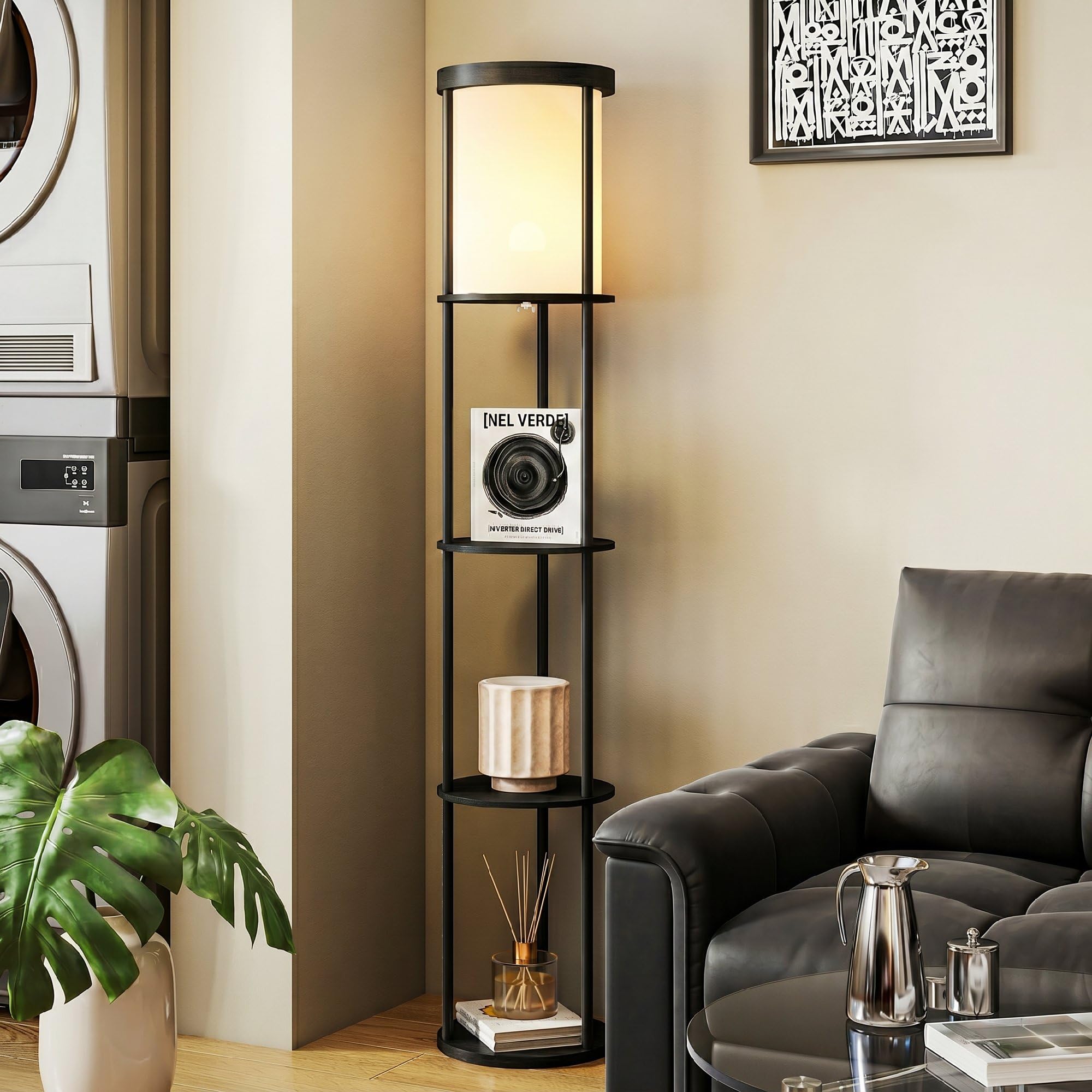 HOMCOM Lampada da Terra LED con Ripiani Rotondi, Piantana Moderna Nero | Paralume in Tessuto, Interruttore a Pedale e Telecomando, per Soggiorno e Camera da Letto