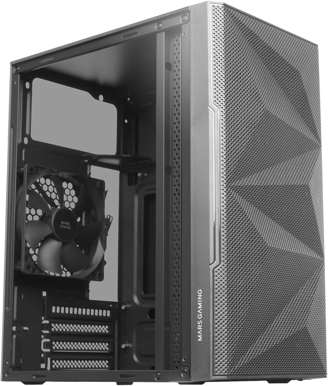 Mars GamingMC-1500, Compact MicroATX Case, Tempered Glass Side Window, Geometric Total-Mesh Front Design, 1x Ultra-quiet 120mm FDB Fan, Black