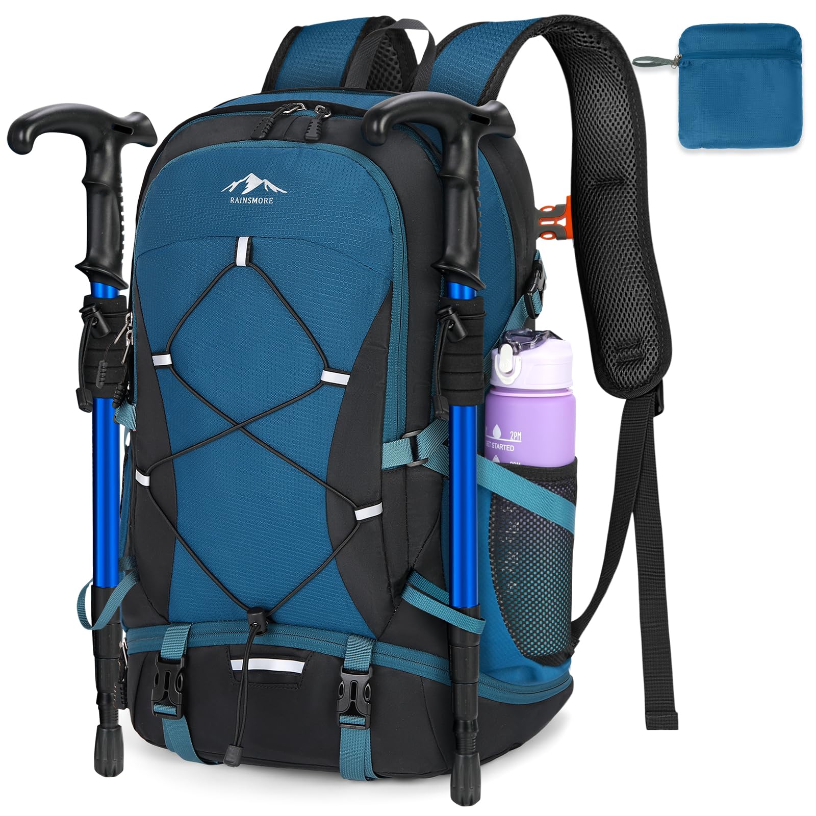 RAINSMORE Hiking Backpack 40L Foldable Lightweight Rucksack for Men Women Water Resistant Large Backpack for Walking Camping Climbing Travelling Black and Blue