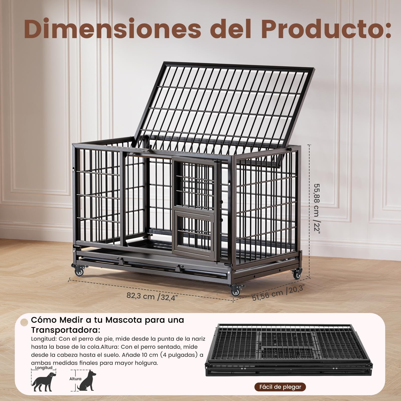 Gardner Pet Jaula para Perro Talla L-82.3x51.5x56cm para Perros Medianos, Diseño a Prueba de Escape con Bandeja, 3 Puertas Desmontables y Ruedas Bloqueables, Jaula Plegable de Metal para Perros-Negro