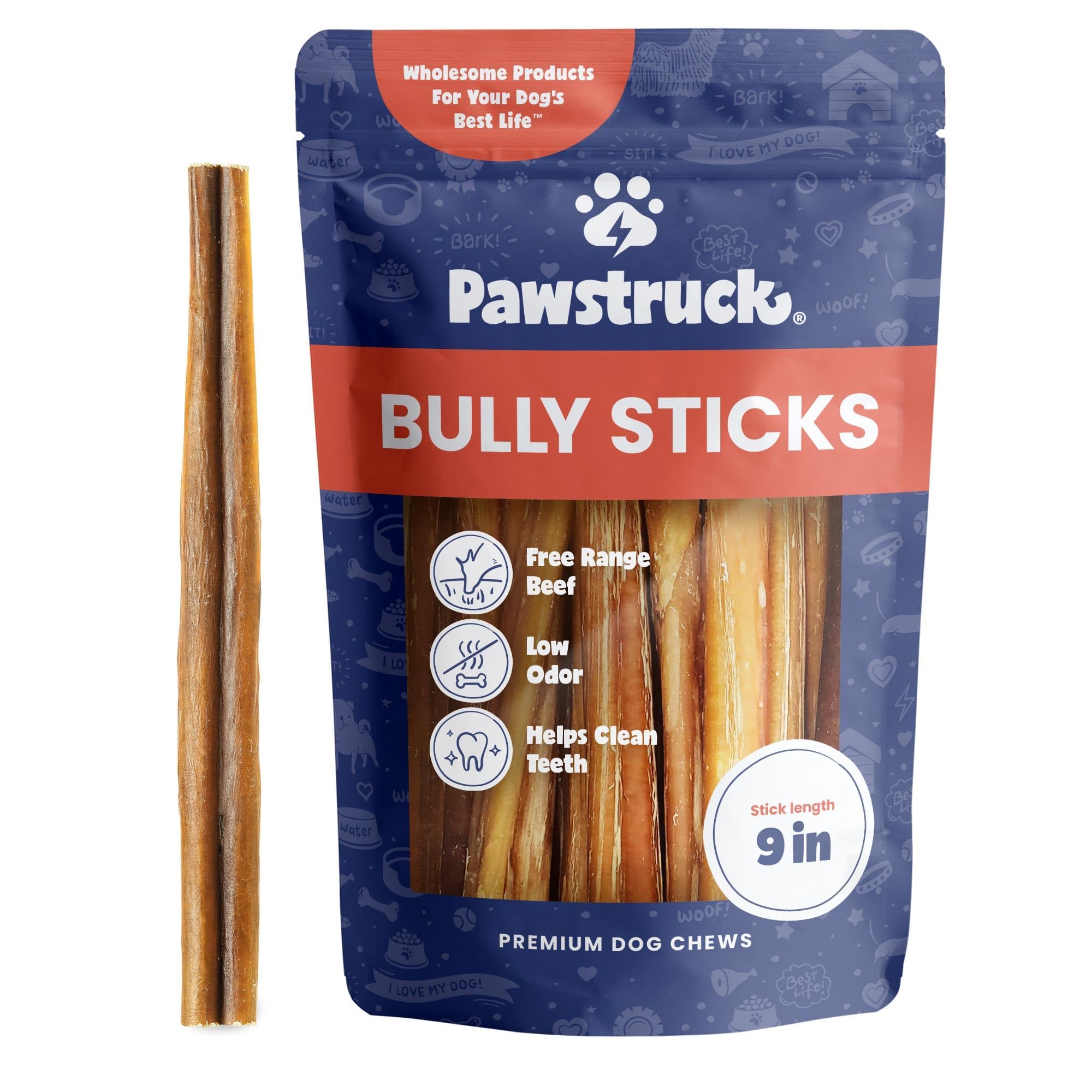 Pawstruck All-Natural 9" Bully Sticks for Dogs - Long Lasting, Rawhide-Free, Low Odor & Grain-Free Dental Chew Treat - Healthy Single Ingredient, 100% Real Beef - 1 lb Bag