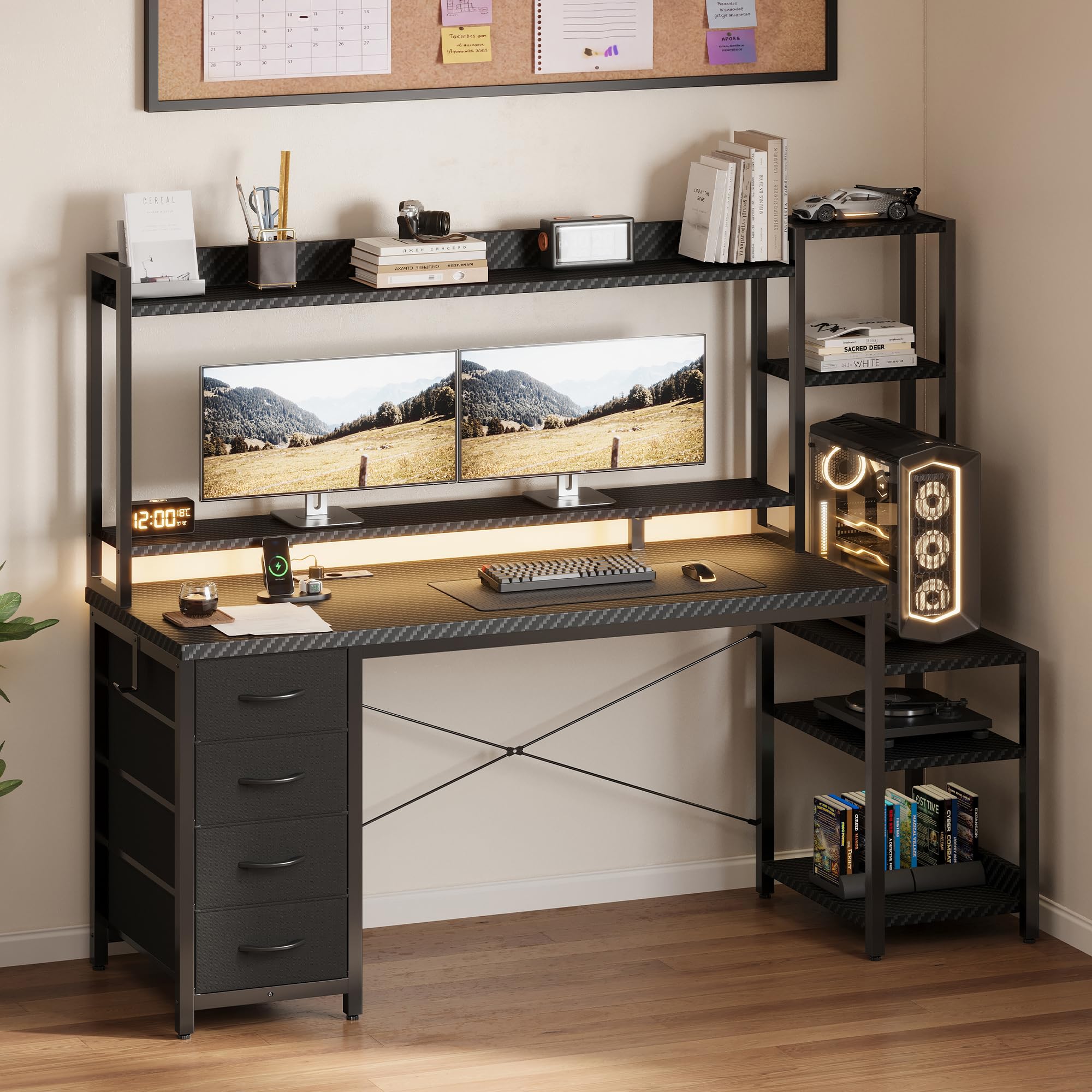 YOUDENOVA Scrivania da gioco con cassetti e ripiano, 150 x 48 cm, tavolo da gaming con LED, presa e USB, scrivania per computer con supporto per monitor, ripiani e supporto per cuffie, fibra di
