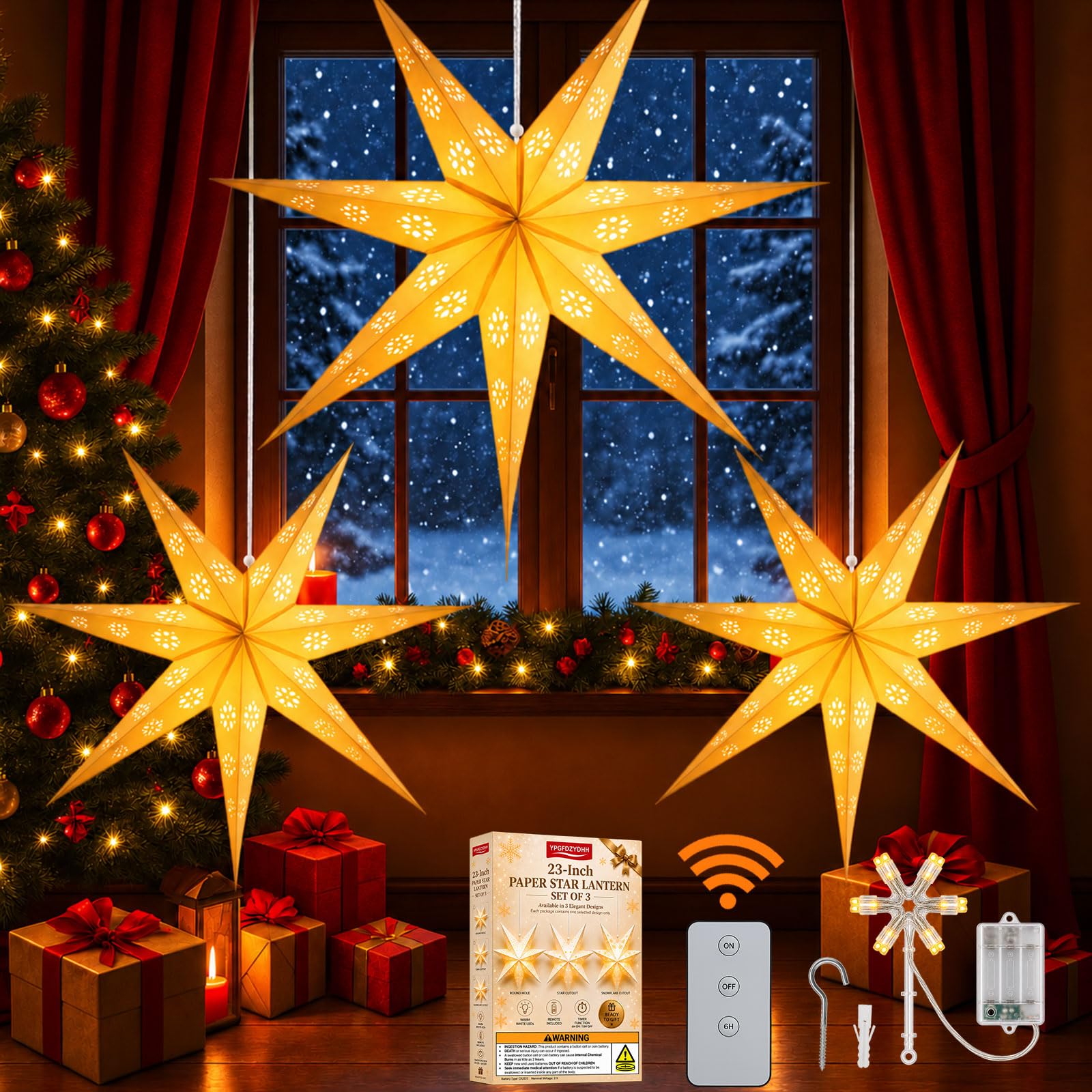 YPGFDZYDHH 3 Pack 23" 7 Point Paper Star Lanterns with Lights for Diwali | White Larger H…