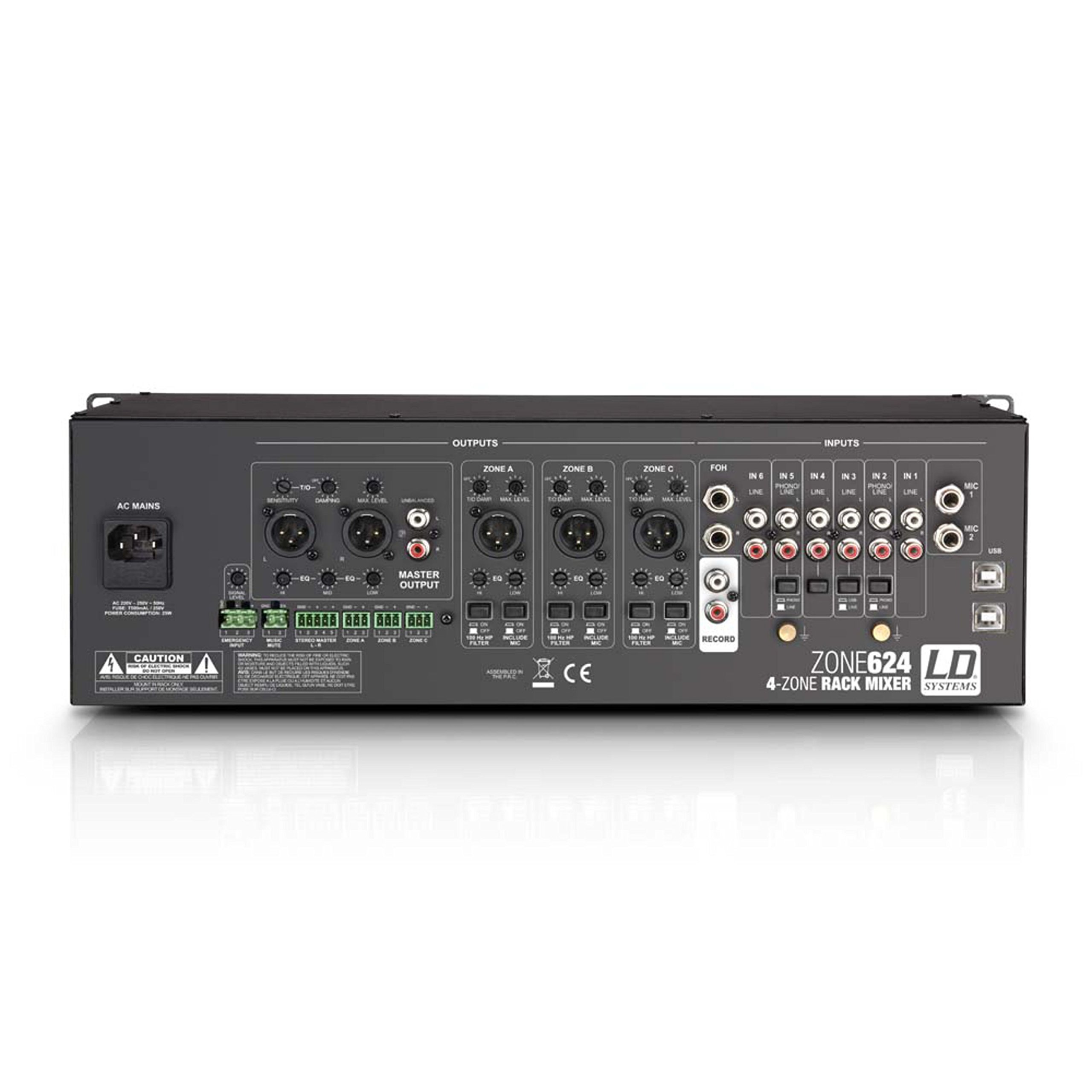 LD Systems ZONE 624-19" 4-Zonen Mixer mit 2 Mikrofonkanälen und 3HE, schwarz