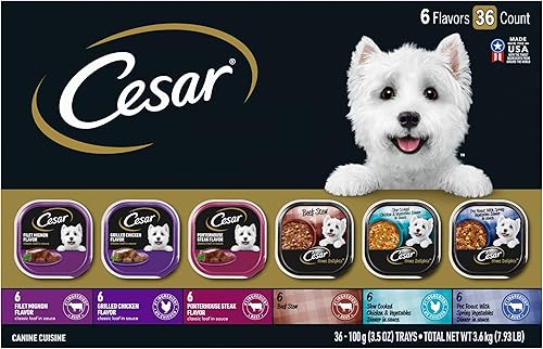 Miniatura 9 de CESAR Alimento húmedo para perros adultos, pan clásico en salsa para amantes de las aves de corral, paquete variado, 3.5 onzas, bandejas fáciles