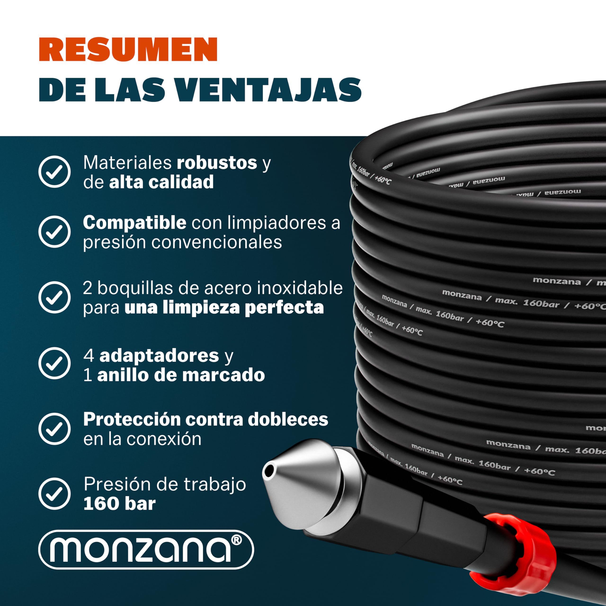 DEUBA® Desatascador Tuberias a Presion 15m, Compatible Karcher K2-K7 Bosch, Kit Manguera Limpieza, 160Bar, 4 Adaptadores, Desague Fregadero Herramientas Fontaneria, Limpiadoras a Presión