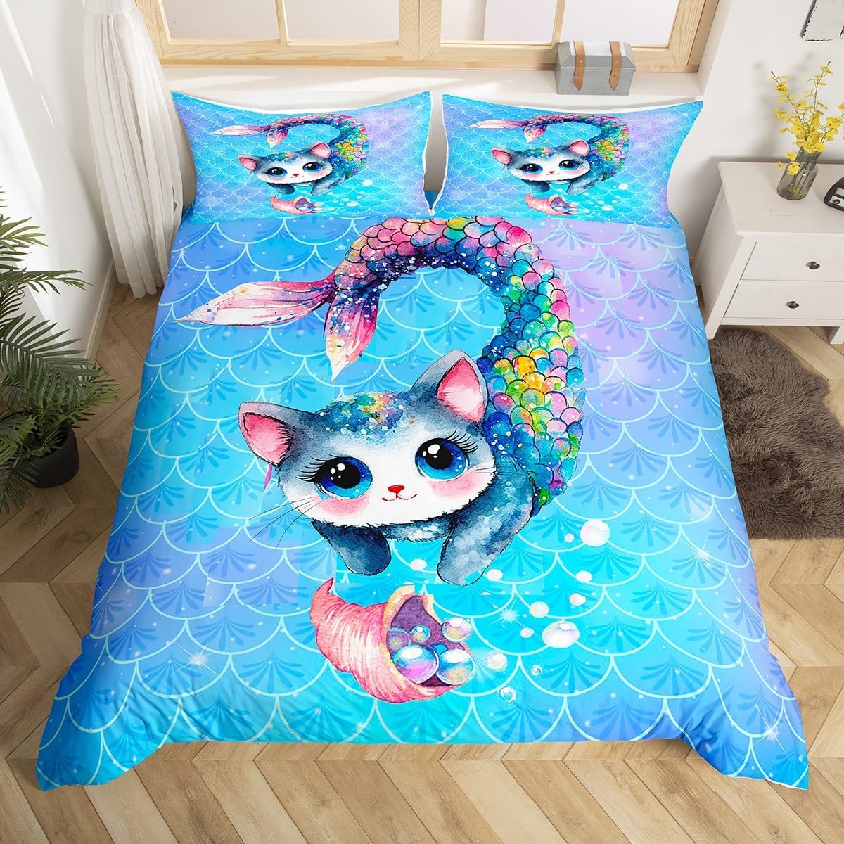 Rainbow Cartoon Cat Duvet Cover Colorful Mermaid Bedding Set for Kids Boys Girls Teens Room Decor Blue Mermaid Scales Comforter Cover Set Ocean Gradient Style Bedspread Cover 3Pcs Zipper Queen Size