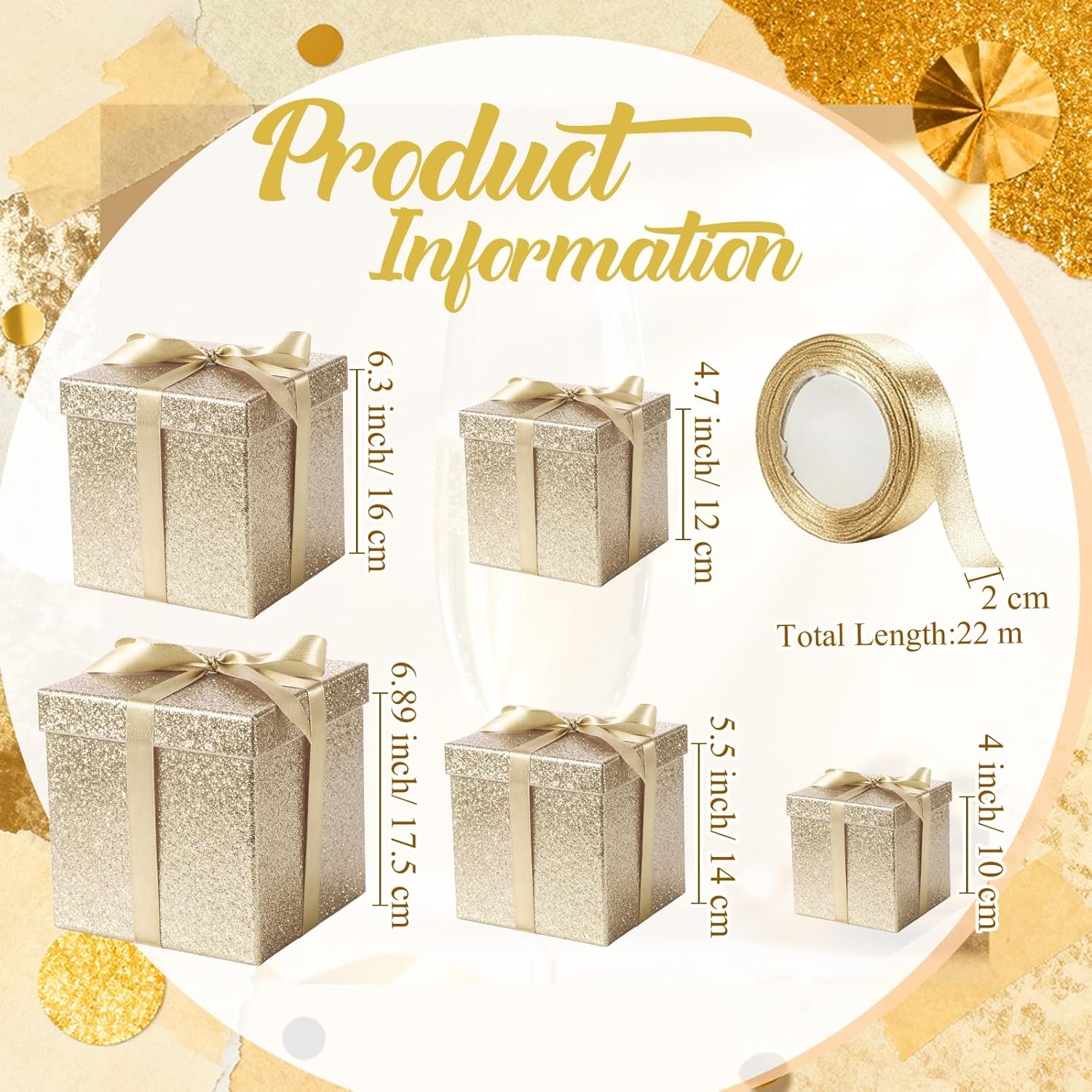 Cholemy 5 Pcs Square Nesting Boxes Decorative Gift Boxes with Lid and Ribbon Assorted Sizes Wrap for Wedding, Carnival, Anniversary, Birthday, Bridal Shower Party Gifts(Champagne Gold)