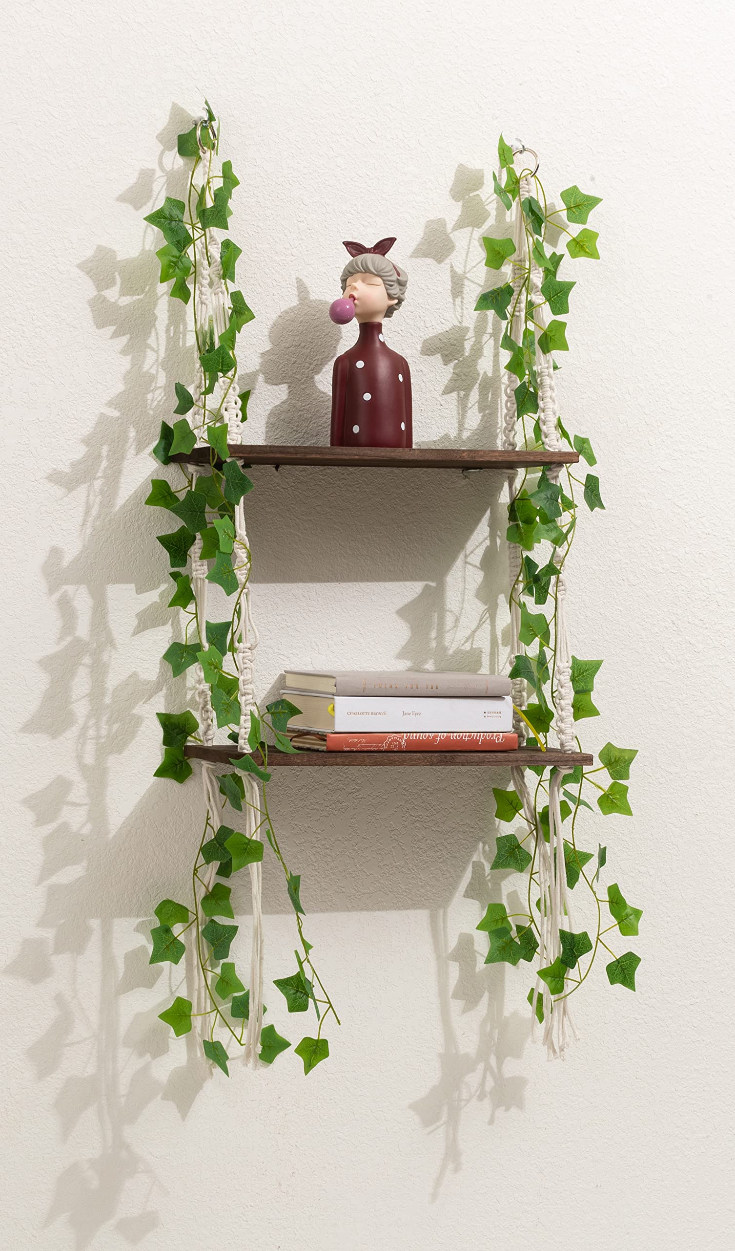 WOOD MEETS COLORMacrame Wall Hanging Shelves with Artificial Ivy Leaves