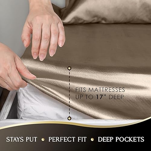 Miniatura 5 de Martex Juego de sábanas de 4 piezas tamaño King de lujo de calidad hotelera Elegance - Satén champagne, sedoso y suave, excelente para el cabello y