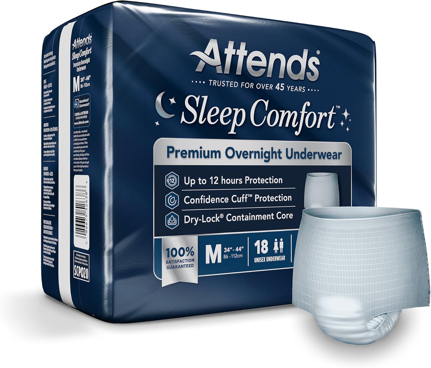 Attends Sleep Comfort Premium Overnight Underwear for Adults, Medium (34-44"), 18 Count – Maximum Absorbency, Breathable & Soft Incontinence Underwear for Nighttime Protection