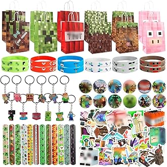 110 PCS Miner Party Bag Fillers, Birthday Supplies, Gamer Party Favours with Stickers Bracelet Party Bags Keychain Button Pins, Game Party Decorations for Kids