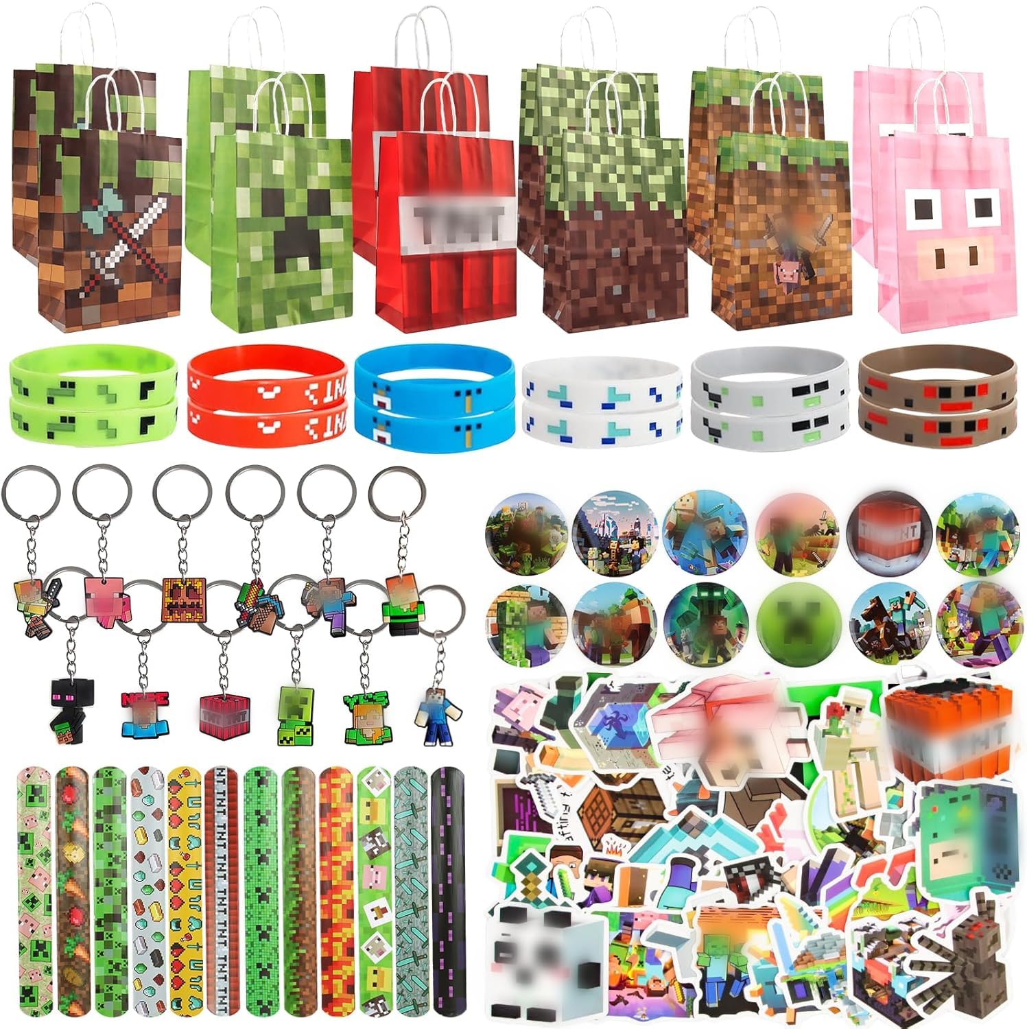 EKKONG 110 PCS Miner Party Bag Fillers, Birthday Supplies, Gamer Party Favours with Stickers Bracelet Party Bags Keychain Button Pins, Game Party Decorations for Kids