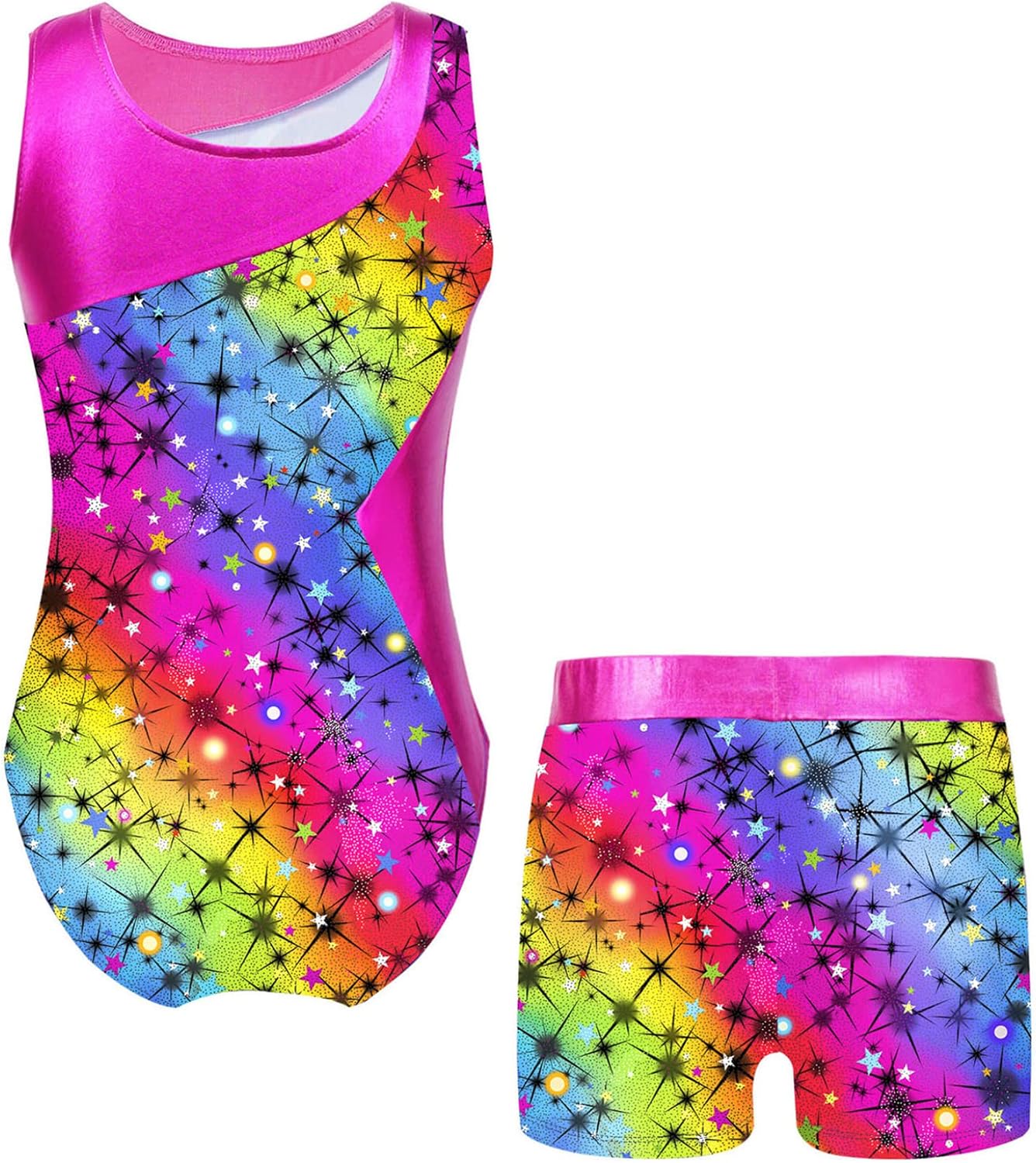 Kids Girls 2Pcs Gymnastics Outfits Sleeveless Dance Leotard with Shorts Athletic Biketard Dancewear Swimwear