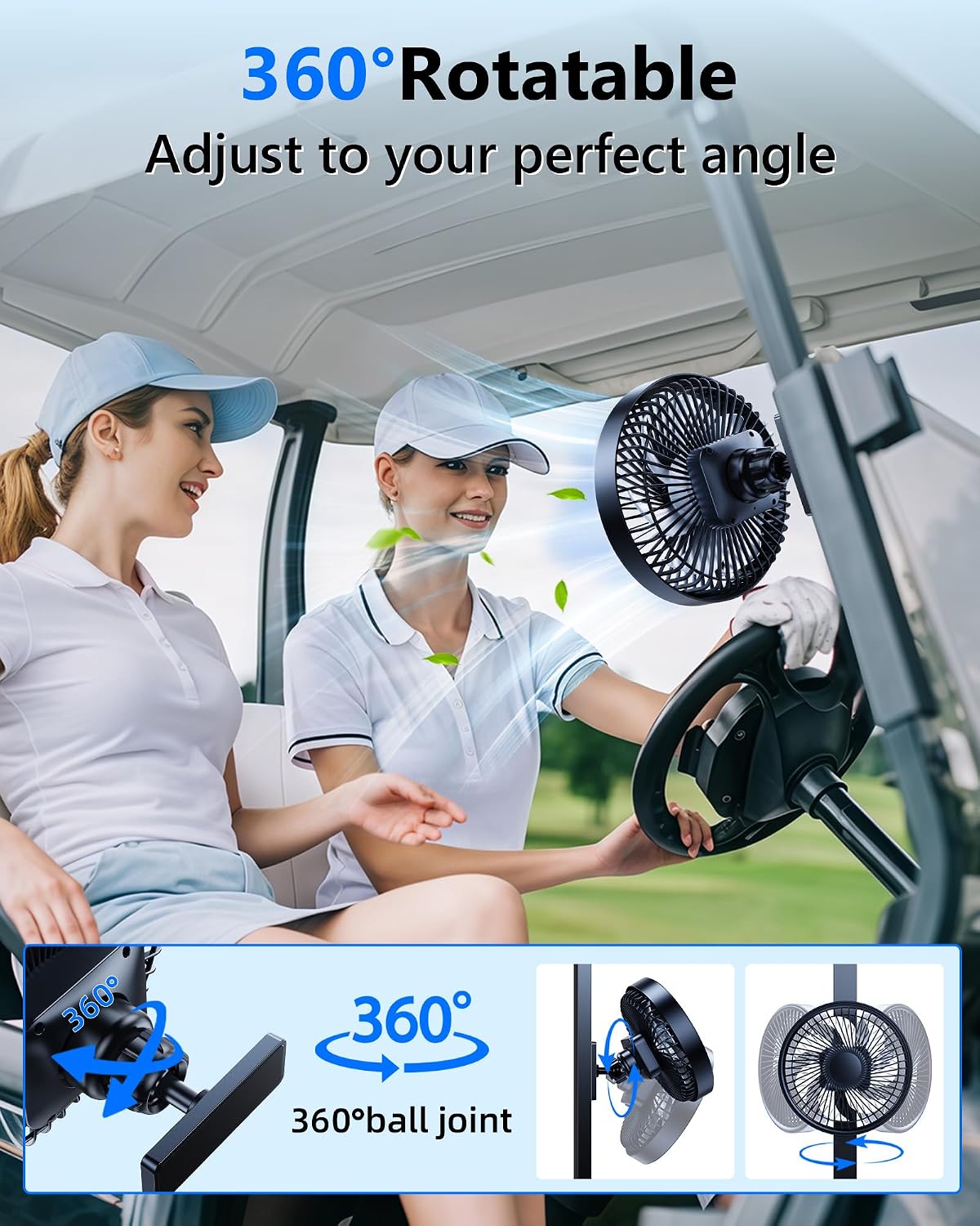 Rechargeable Magnetic Golf Cart Fans That Blow Cold Air, 3000mAh Battery Powered Usb Fan for Golf Cart Cooler 360° Rotatable Compatible with Yamaha, Ezgo, Club Car, Forklift, Cruise Ship