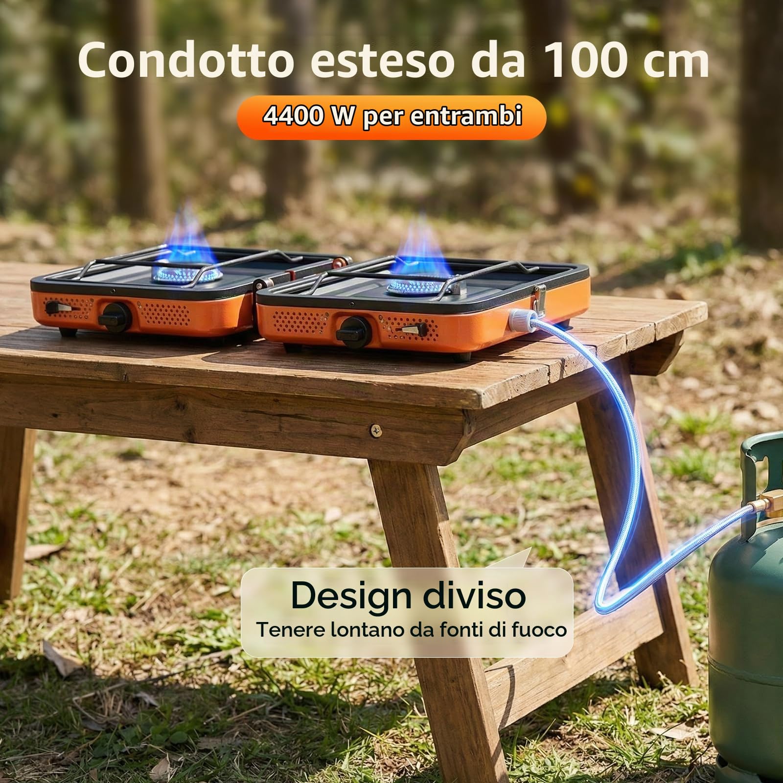 Fornello da campeggio portatile a 2 fuochi da 4400 W, potente fornello a gas per cucinare all'aperto, pieghevole con accensione, ideale per escursioni, picnic e viaggi