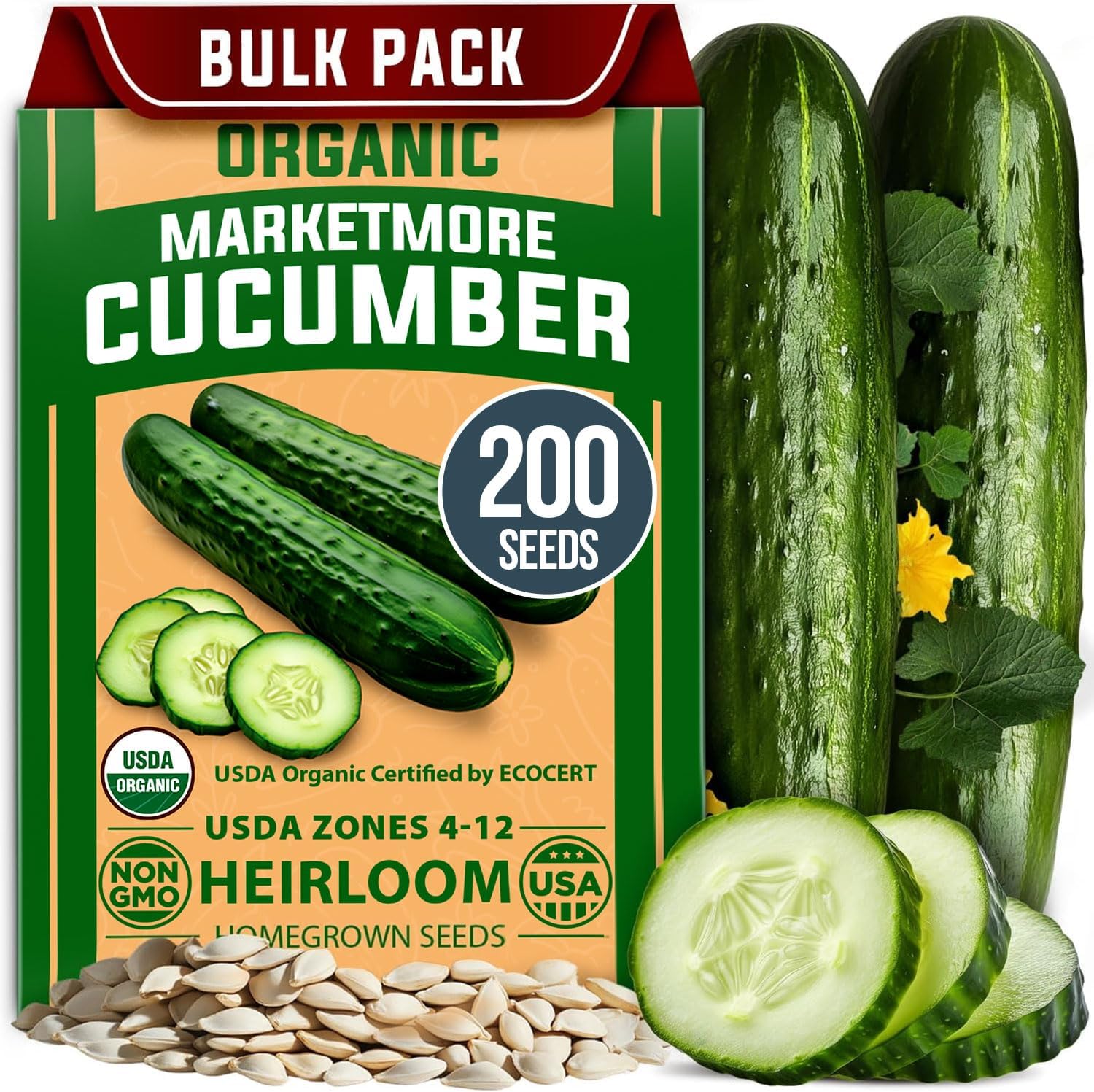 HOMEGROWN Organic Marketmore Cucumber Seeds - 200 Non-GMO Heirloom Seeds for Trellises, Raised Beds, Containers