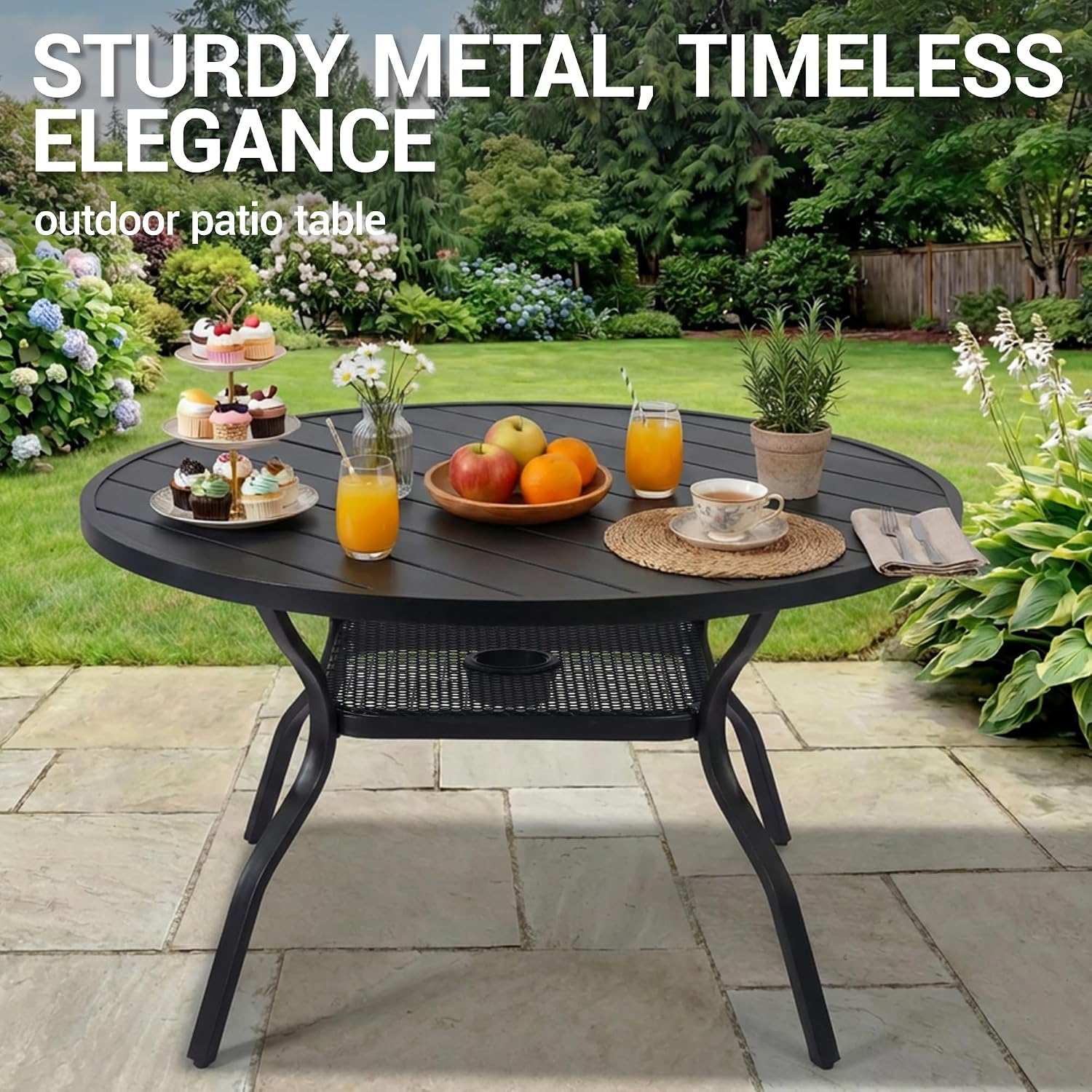 Patio Dining Set 5 Piece,4 Breathable Textilene Patio Chairs and 1 Round Metal Table with Umbrella Hole, All Weather Resistant for Lawn Garden,Black