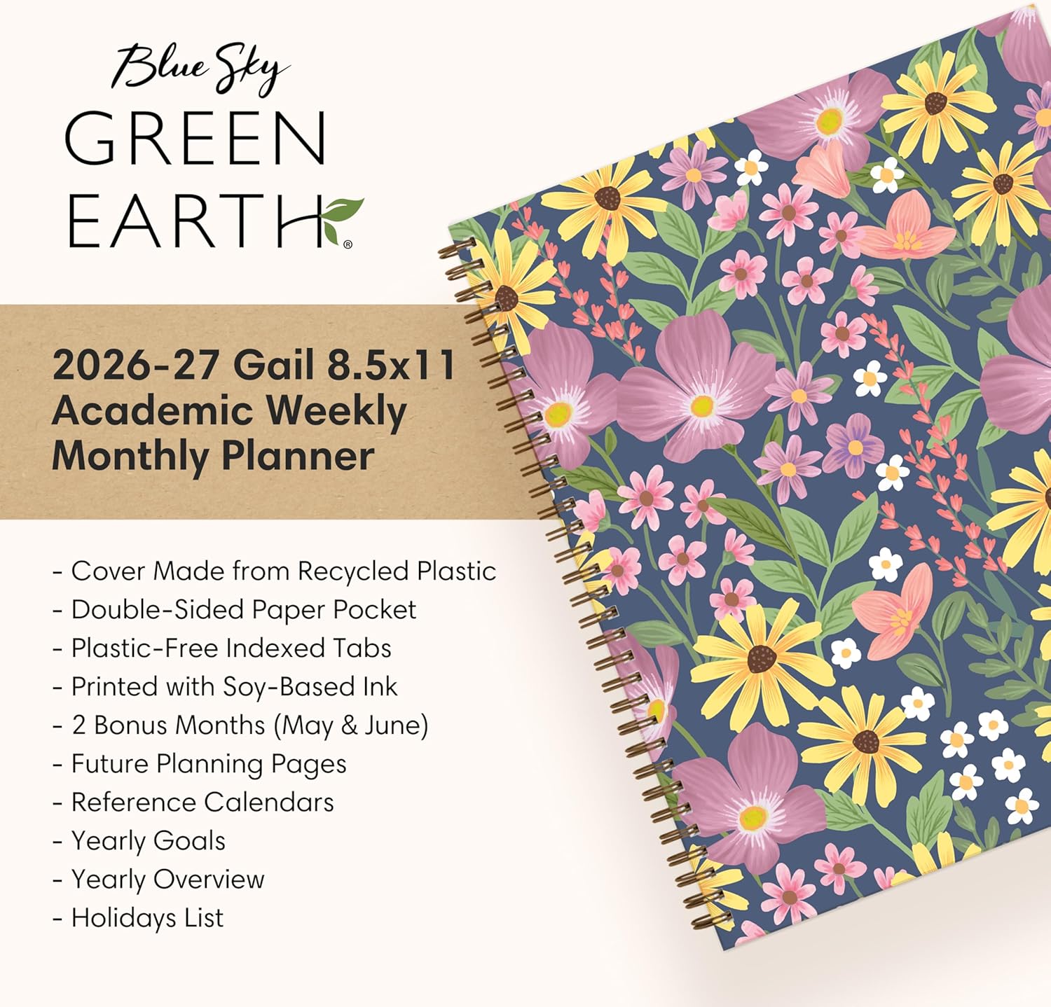 Blue Sky Sustainability 2026-2027 Weekly and Monthly Academic Year Planner Calendar, July 2026 - June 2027, 8.5" x 11", Flexible Cover From Recycled Plastic, Wirebound, Laminated Tabs, Storage Pocket, Gail