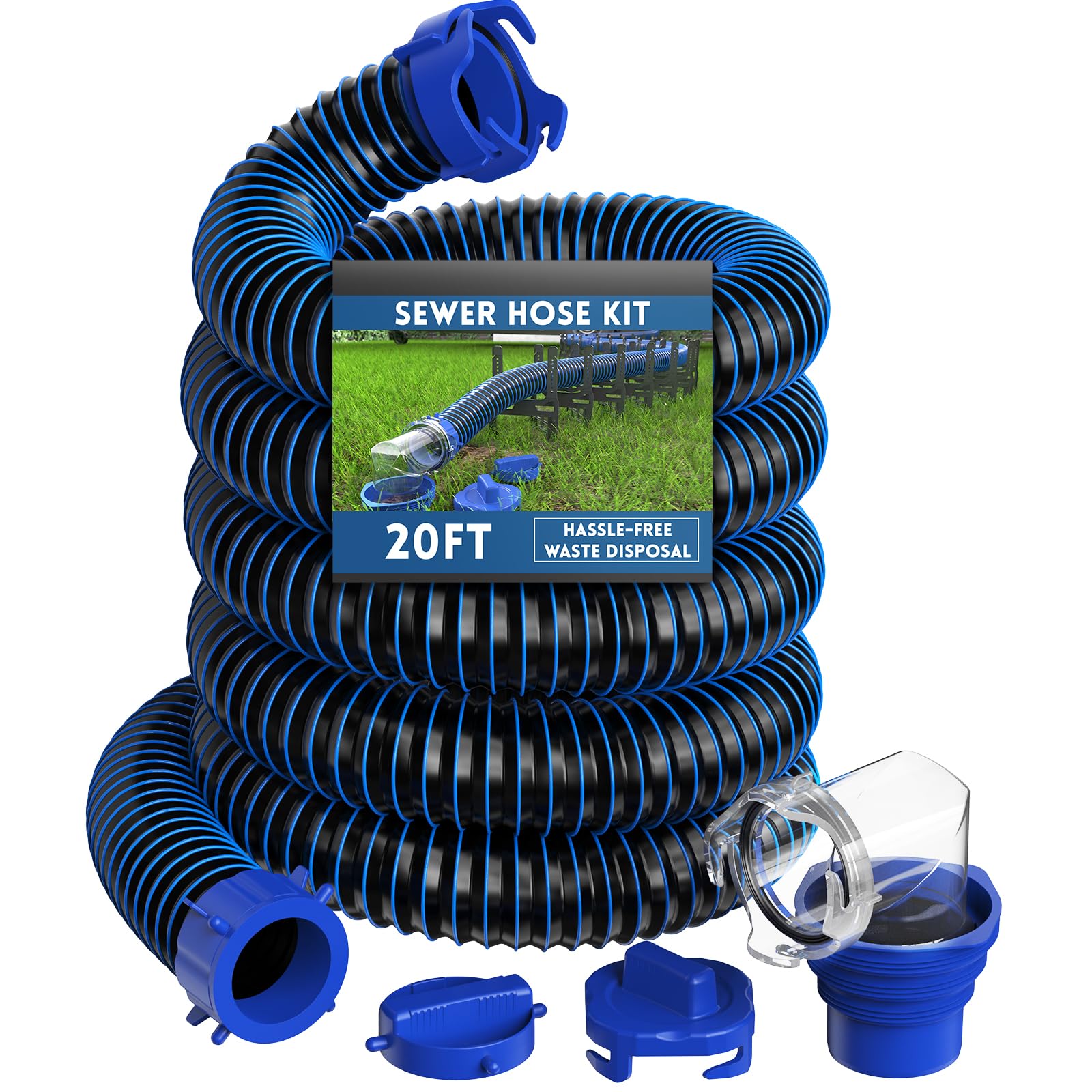 DUMPMAN RV Sewer Hose 20 Ft, Sewer Hose for RV Camper, RV Sewer Hose Kit with Swivel Fitting - Includes 90 Degree Clear View Sewer Adapter, and 2 Storage Caps