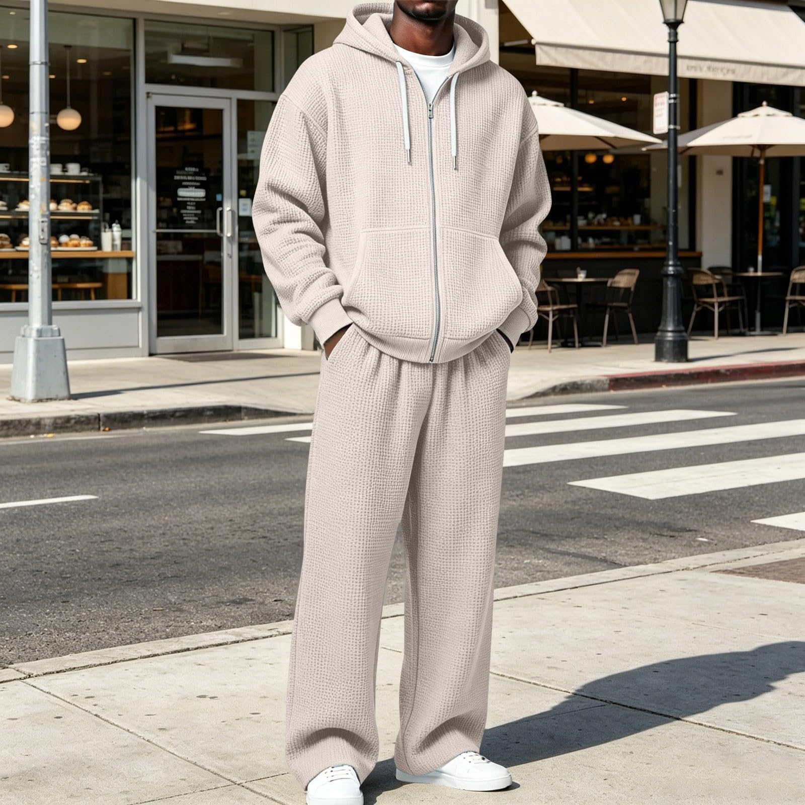 Hombre Chándal Waffle Manga Larga Cremallera Sudadera con Capucha
