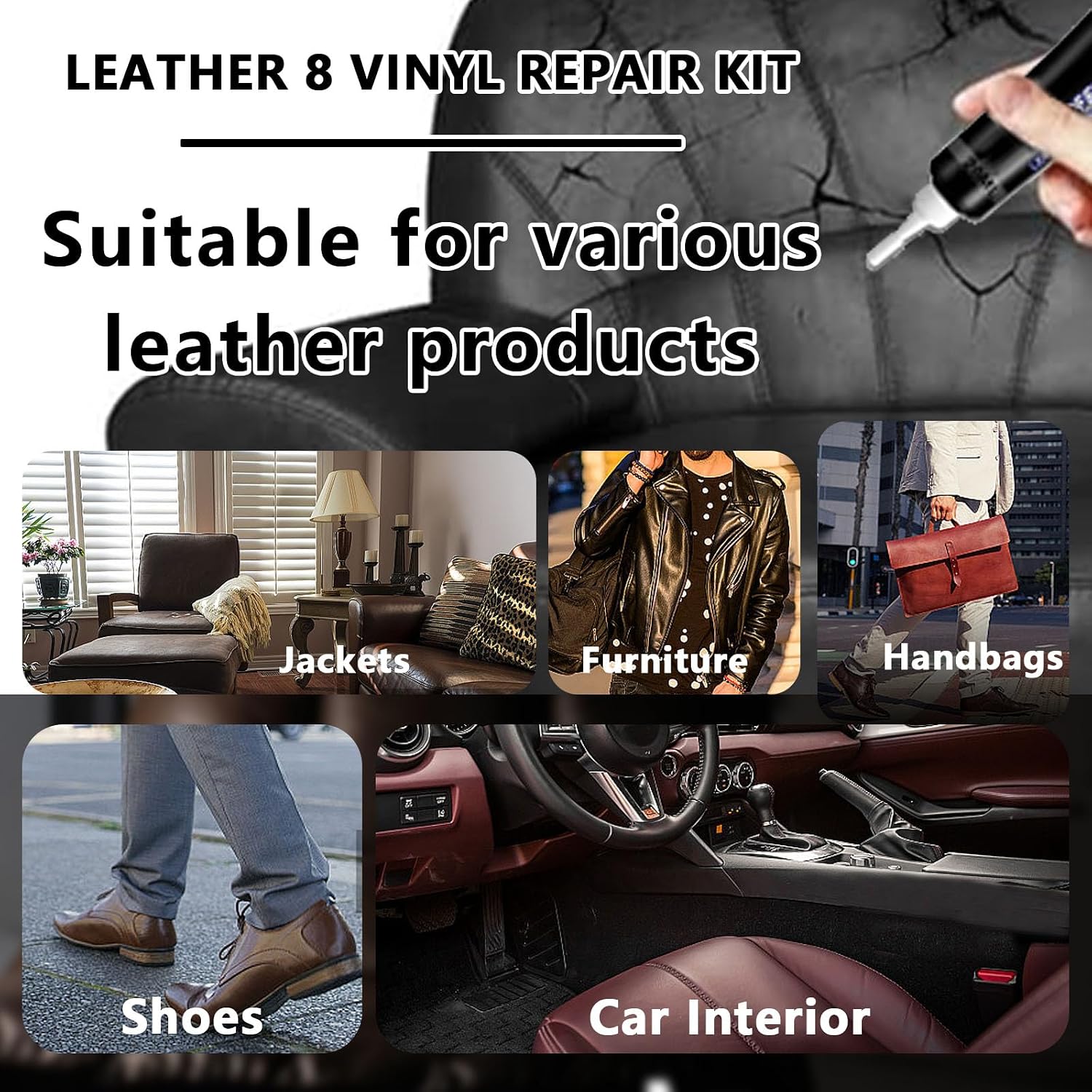 Leather Repair Kit, Vinyl Reapir Kit for Furniture, Couch, Sofa, Jacket, Car Seats, Purse, Chair, Car Interiors and Handbag