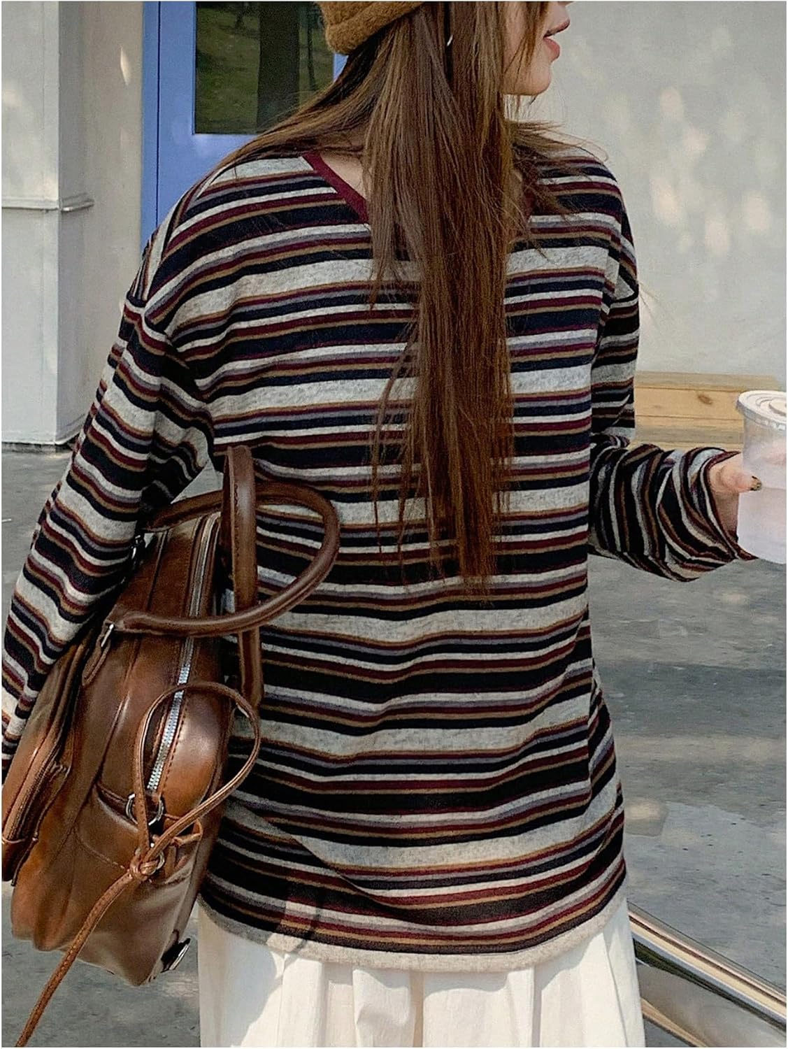 Women's Trendy Striped Long Sleeve T Shirts Casual Color Block Crew Neck Drop Shoulder Streetwear 2025 Fall Tops - Image 4