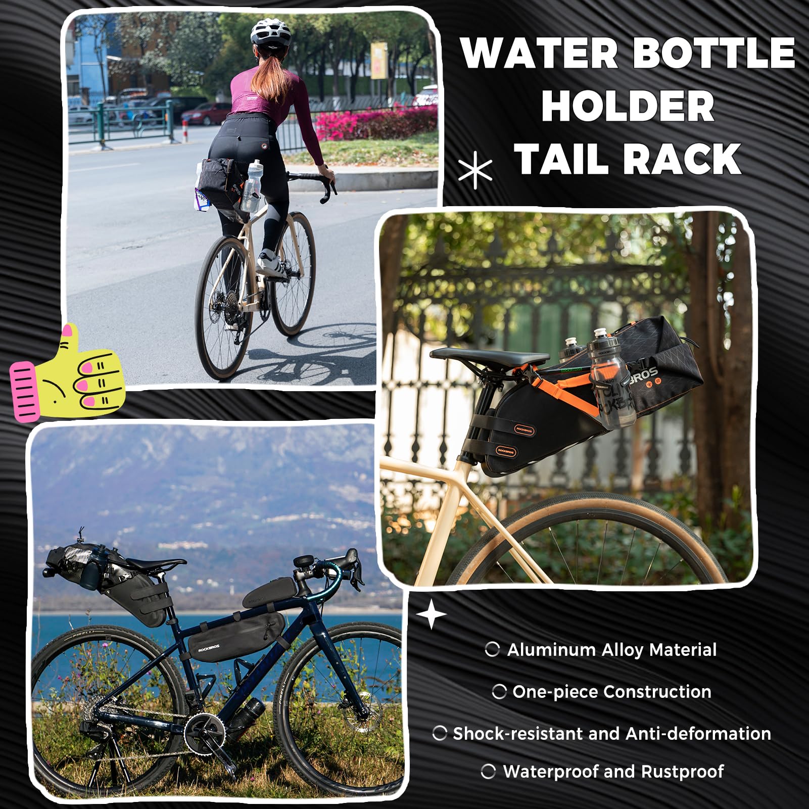 ROCKBROS Uchwyt stabilizujący na torbę siodełkową, uchwyt na bidon do roweru z otworami do bikepackingu, aluminiowa klatka na bidon w kolorze czarnym