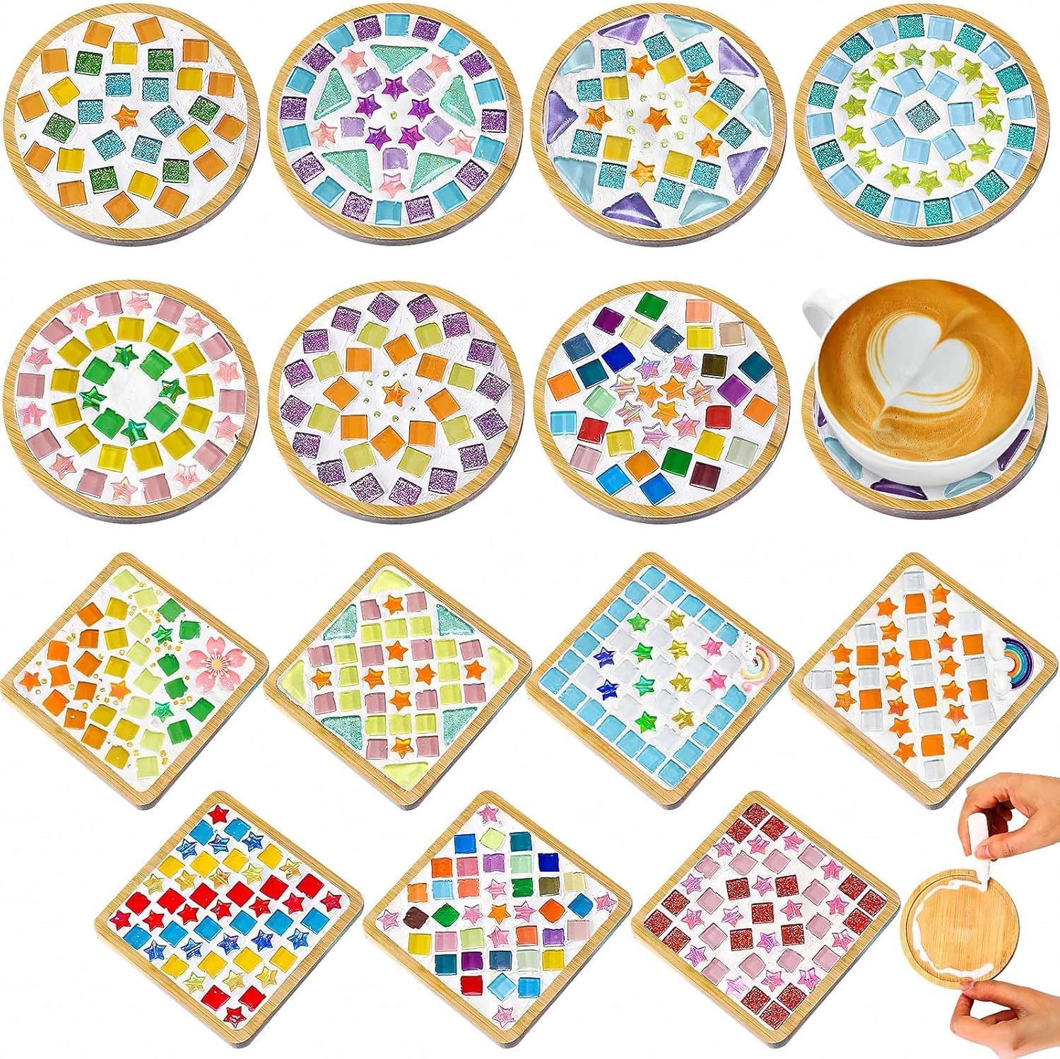 JTKDG 14 Sets DIY Glass Mosaic Tiles for Crafts, Mixed Color Mosaic Kits with Wooden Coaster Adults DIY Kit for Coaster Handmade Home Gifts