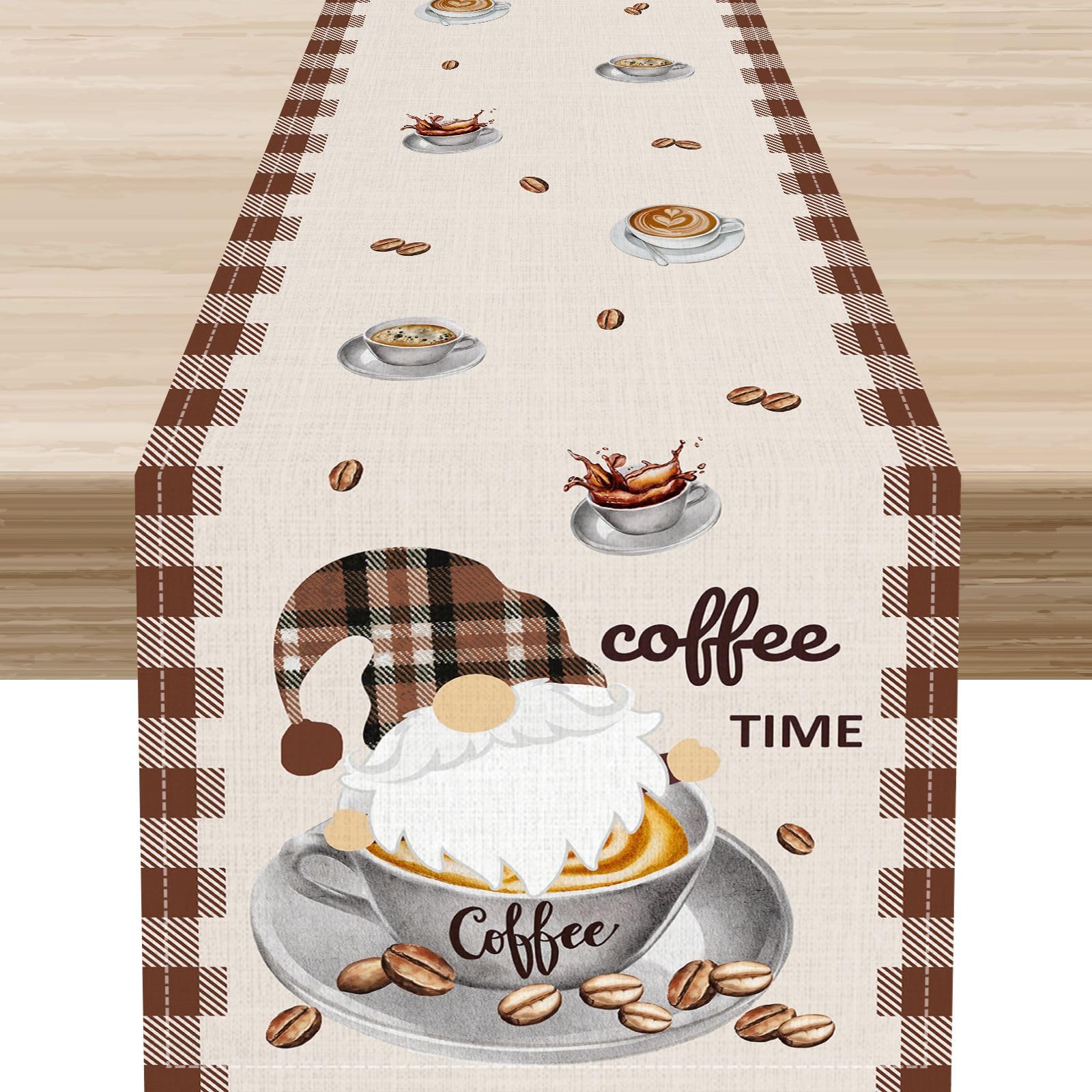 Coffee Time Table Runner, Farmhouse Retro Gnome Coffee Cup Tea Party Cafe Table Center Decor for Home Kitchen Dining Patio Holiday Party Indoor