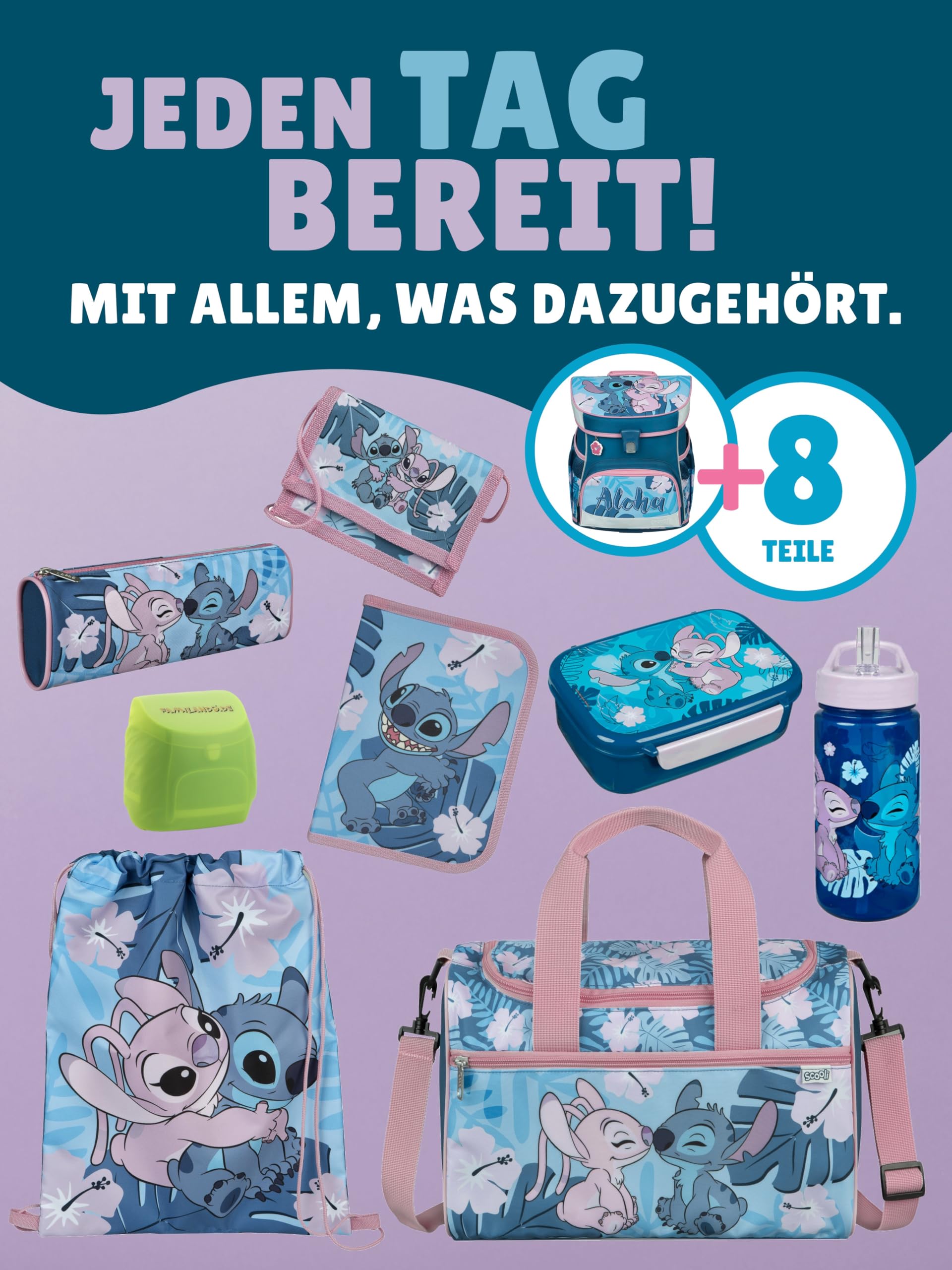 Familando - Scooli Campus Fit Schulranzen Set - 9-teilig mit Sporttasche - Disney Stitch - Ergonomisch, stabil & 980g leicht - 18L Volumen - Brustgurt & Reflektoren - ab 1. Klasse