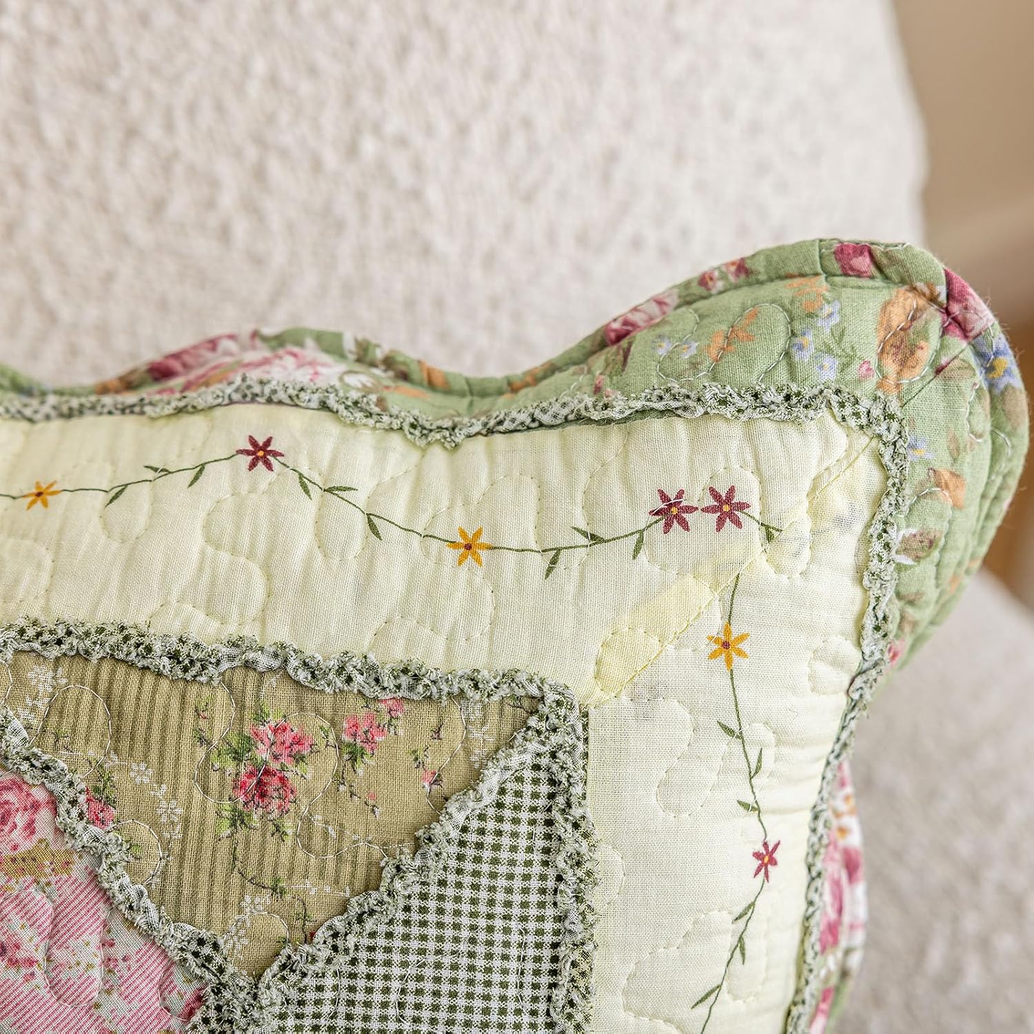 vctops Set of 2 Quilted 100% Cotton Boho Throw Pillow Covers 18" x 18" Farmhouse Country Floral Patchwork Decorative Cushion Cover, Patchwork Flower O image 4