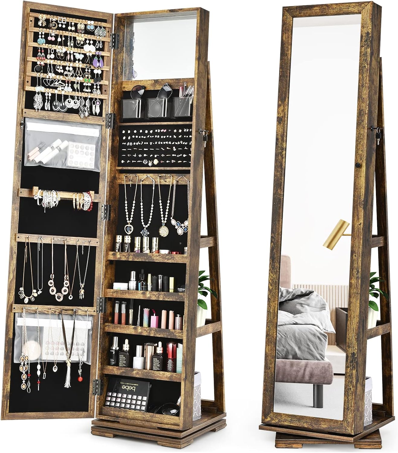 COSTWAY 360° Rotating Jewelry Armoire w/ Full-Length Mirror, Lockable Standing Organizer, Large Storage Cabinet for Women (Rustic Brown)