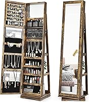 COSTWAY 360° Rotating Jewelry Armoire w/ Full-Length Mirror, Lockable Standing Organizer, Large Storage Cabinet for Women (Rustic Brown)