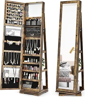 COSTWAY 360° Rotating Jewelry Armoire w/ Full-Length Mirror, Lockable Standing Organizer, Large Storage Cabinet for Women (Rustic Brown)